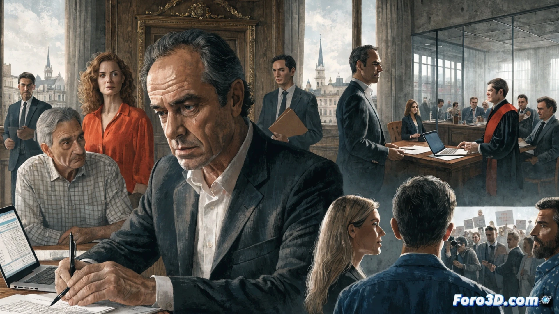 A man in a suit standing behind a lectern with a municipal crest, a gavel resting on a table beside him, a shadowy female silhouette holding a legal document in the background, a magnifying glass hovering over a folder labeled with a police badge, cinematic photorealistic visualization, dramatic courtroom-style lighting casting long shadows, tension visible in his clenched fist, polished wooden surfaces reflecting soft light, ultra-detailed textures on the leather briefcase at his feet, technical illustration style with forensic evidence markers faintly visible on the table.
