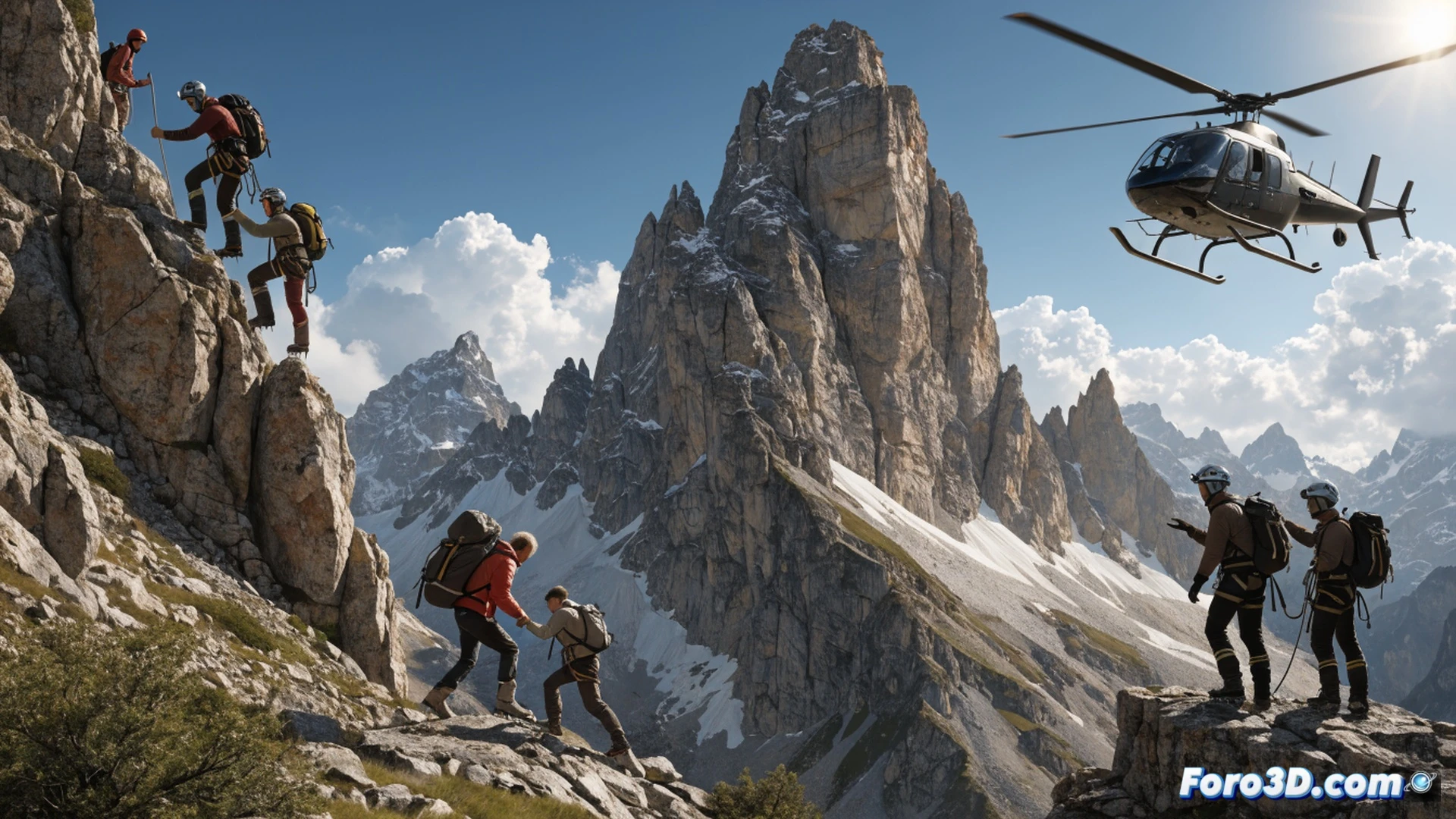 Montañero cayendo al vacío mientras su cuerda suelta no está anclada, mochila vacía sin equipo técnico, helicóptero de rescate acercándose con luz estroboscópica, mapa de ruta arrugado y sin señales de preparación, botiquín de primeros auxilios cerrado con polvo, cinemática fotorealista, iluminación dramática de atardecer en roca gris, sombras alargadas, textura rugosa de granito, niebla baja, sensación de urgencia y peligro inminente, visualización técnica de rescate montañoso