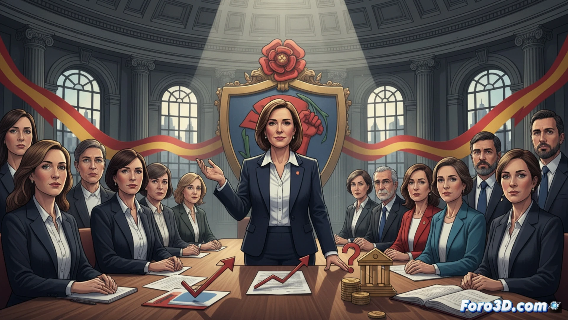 political strategy meeting scene, PSOE spokesperson María Jesús Montero standing at a central podium while maintaining the same parliamentary team seated behind her, no visible changes in personnel or seating arrangement, a large digital screen showing a static fiscal policy chart with tax lines and public service graphs, a single broken gear labeled with a question mark floating near the podium, cinematic technical illustration style, photorealistic lighting, cold blue and grey tones, polished wooden desks, microphones and laptops on the table, subtle tension in the air, ultra-detailed facial expressions of team members showing neutral calm, dramatic shadows from overhead spotlights