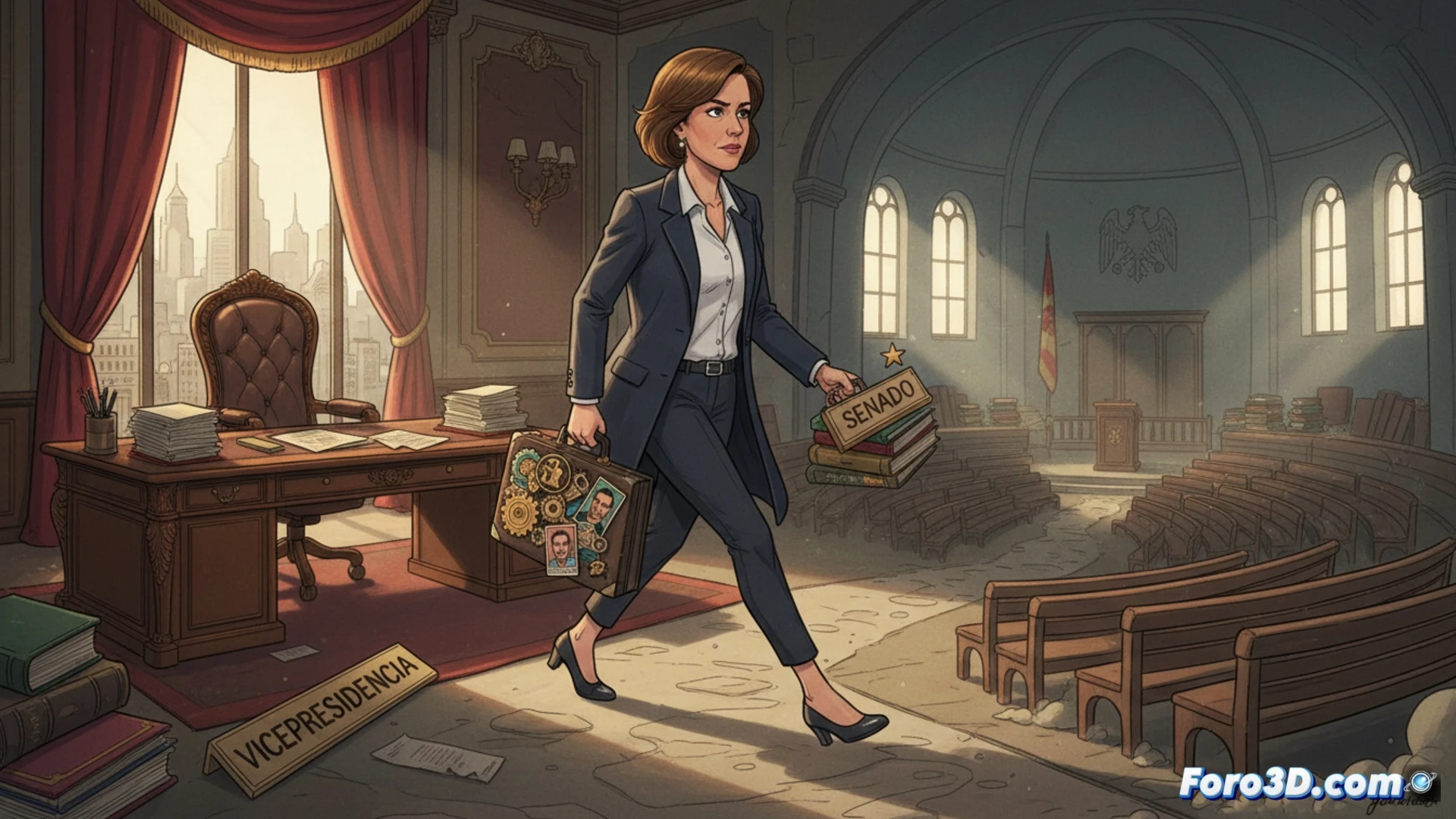 polished wooden chamber of the Spanish Senate, a woman in a business suit stepping from a government ministerial podium toward a vacant senator seat, her hand brushing a red leather chair, a stack of legislative documents sliding across a glossy table toward empty benches, cinematic wide shot, photorealistic architectural render, warm amber lighting from chandeliers casting long shadows, marble columns reflecting motion, subtle dust particles floating in sunbeams, hyper-detailed textures on brass nameplates and velvet upholstery, dramatic depth of field emphasizing the transition from executive authority to legislative anonymity
