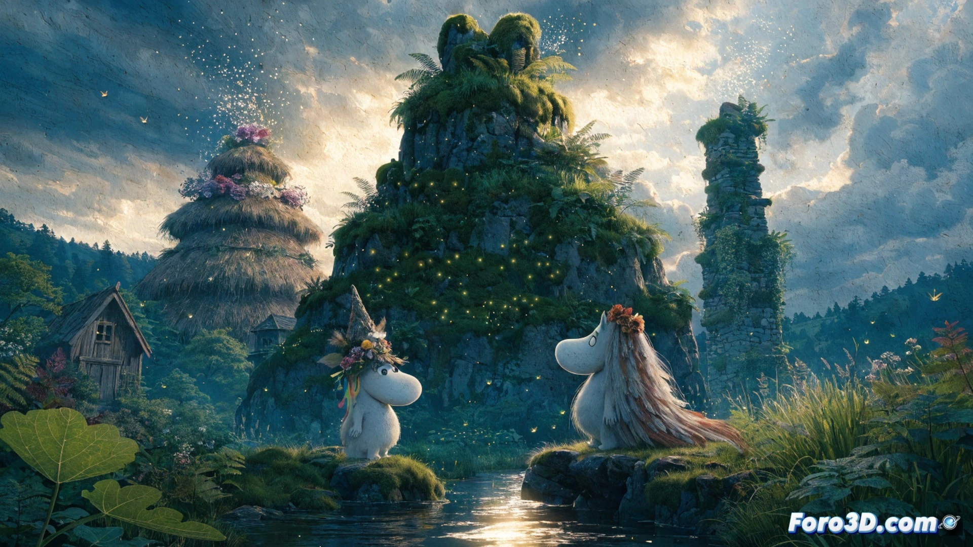 Moomin digital watercolour simulation scene, Unity engine rendering interface partially visible, brushstroke particles flowing from a stylus into a glowing valley landscape, transparent watercolour layers blending in real-time on a tablet screen, while a Moomintroll character stands near a midsummer bonfire, hands raised as fireflies emerge, cinematic fantasy illustration, soft pastel hues, paper texture overlay, translucent paint splatters suspended mid-air, warm golden light, dreamy ethereal atmosphere, technical art-process visualization