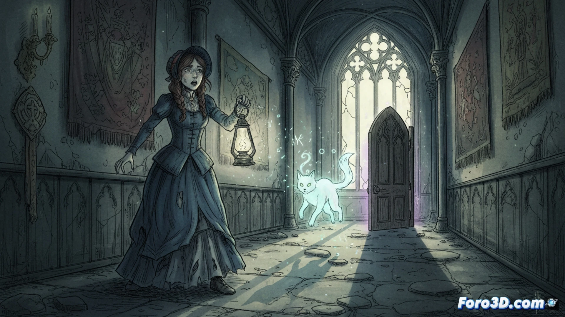 hand-drawn 2D gothic horror scene inside a 19th century girls seminary, young woman in Victorian dress chasing a translucent ghost cat through a dark hallway, ghost cat leaving faint paw prints on wooden floorboards, candlelight casting long shadows on peeling wallpaper, cobwebs and old paintings on walls, a broken lantern on the floor, technical game illustration style, showing process of character animation frames and level design sketches in background, cinematic composition with dramatic lighting, detailed pencil texture and ink linework, supernatural glow from the cat, eerie atmosphere, ultra-detailed Victorian decor, photorealistic hand-painted render