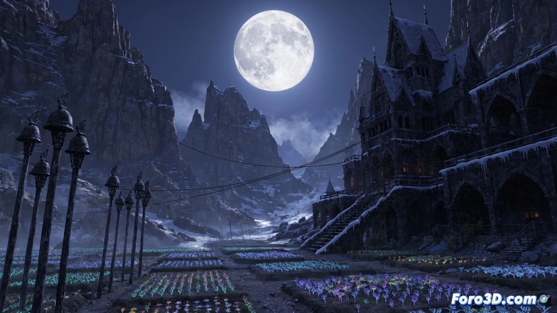 Moonlight Peaks farm scene at extreme midnight, vampire vegetables glowing with supernatural luminescence under full moon, crops pulsating with ethereal blue and purple light, Unity shader effects demonstrating real-time spectral bloom, Aseprite 2D sprites of glowing garlic and moonflowers in foreground, Blender 3D models of gothic barn and fence with emissive textures, soil particles reacting to lunar energy, dramatic contrast between pitch-black shadows and radiant produce, cinematic technical illustration, stylized low-poly aesthetic with high-contrast lighting, dark atmospheric mood
