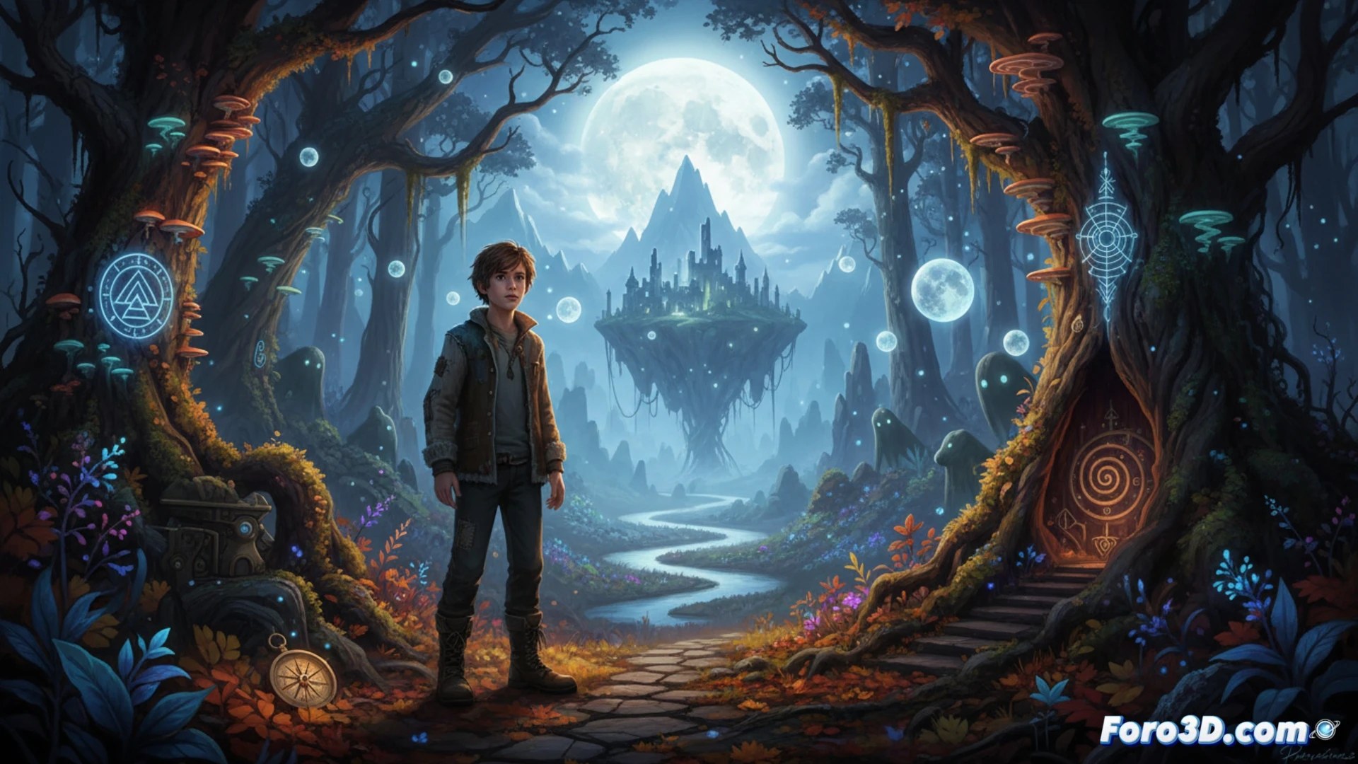 a child standing at the edge of a dark supernatural forest holding a glowing lantern, puzzle fragments floating in the air while a digital Steam store interface hovers as a transparent overlay, download progress bar partially filled, mystical light beams piercing through twisted trees, cinematic game art style, photorealistic textures, dramatic contrast between warm lantern glow and cool blue moonlight, action showing the boy stepping forward into the unknown, technical elements like interface panels and download indicator integrated into the scene
