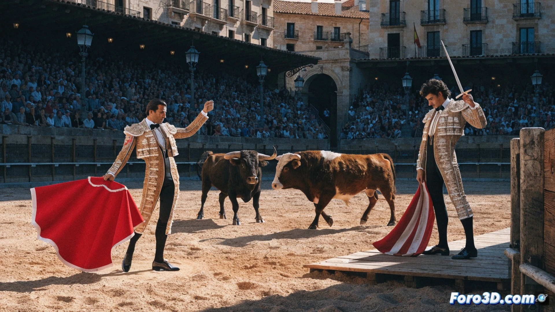 plaza de toros iluminada por luz de tarde, dos toreros en acción simultánea con capotes rojos, toro embistiendo con fuerza hacia la muleta de Morante, polvo levantado del ruedo, graderío con público de pie aplaudiendo, detalles de bordados dorados en trajes de luces, cuerno del astado rozando la tela, expresión concentrada del diestro, fotorealismo cinematográfico, profundidad de campo reducida, contraste dramático entre sombra y sol, textura de la arena, movimiento congelado en el instante del pase