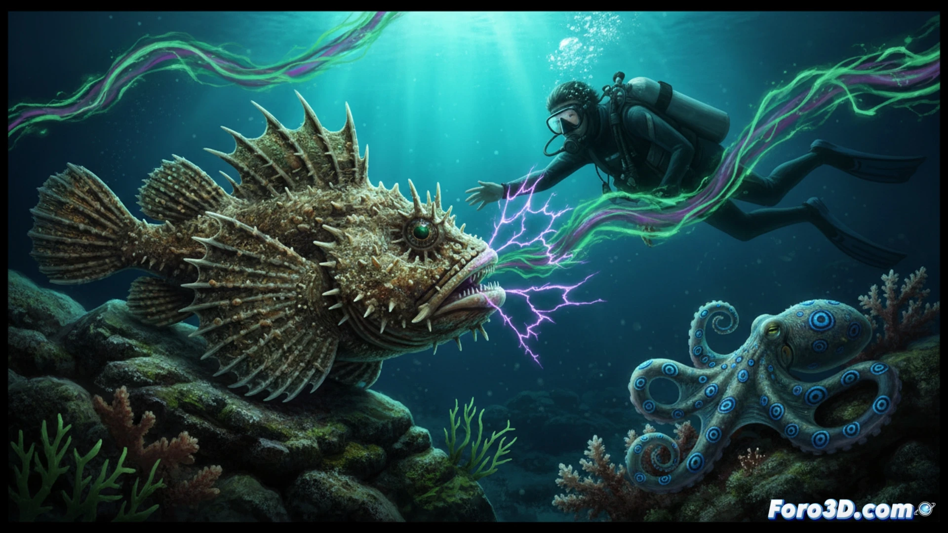 deep ocean scene with a diver s hand being pierced by a stonefish spine at close range, venom dripping from the barb into bloodstream, microscopic chemical reaction glowing in the wound, diver s dive computer showing rapid depth change and pressure spike, underwater camera rig capturing the process, high-contrast blue-black abyss background, bioluminescent particles floating, cinematic photorealistic technical illustration, dramatic side lighting on the injury, ultra-detailed fish camouflage texture and venom droplet surface tension, realistic underwater caustics and bubbles