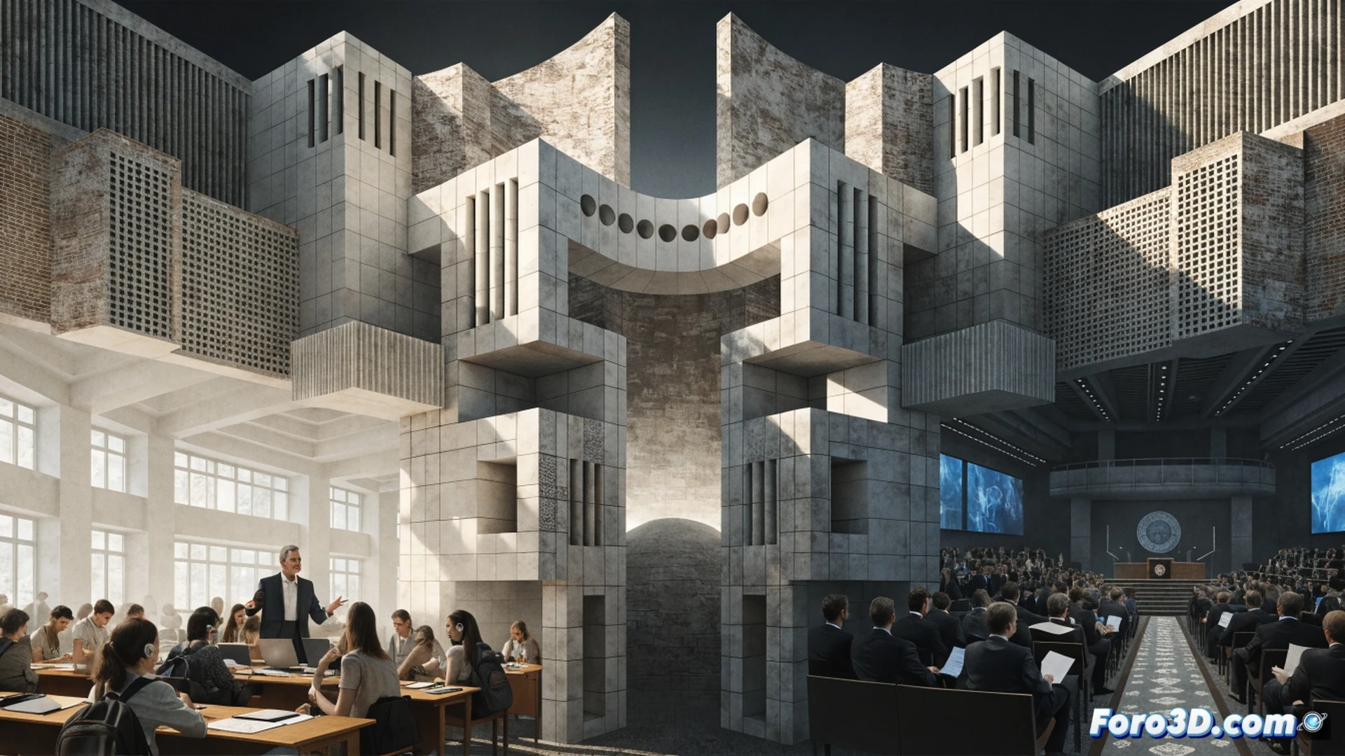 Photorealistic scene of a university rector ceremony inside a modern Andalusian parliament chamber, an official handing a symbolic university scroll to a political leader while holographic icons of a hospital and a school float above a central table, diverse legislators and academics seated in a semicircle, warm golden light from tall windows, minimalist architectural lines, technical illustration style, clean metallic surfaces, subtle motion blur on the scroll transfer, glowing consensus symbols hovering between two groups, demonstrating institutional collaboration and decision-making process