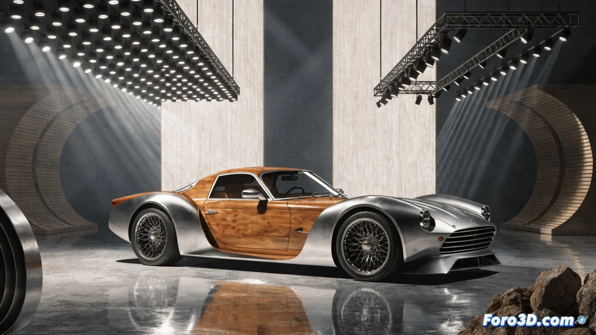 Morgan Midsummer Coupé wood-and-aluminum body being hand-assembled, artisan carving ash wood frame with chisels while aluminum panels are fitted, chassis suspended on hydraulic lift showing lightweight 1200 kg structure, workshop with vintage tools and modern precision gauges, dust particles floating in dramatic side lighting, polished metal surfaces reflecting warm wood grain, photorealistic technical illustration, cinematic macro shot of craftsmanship process