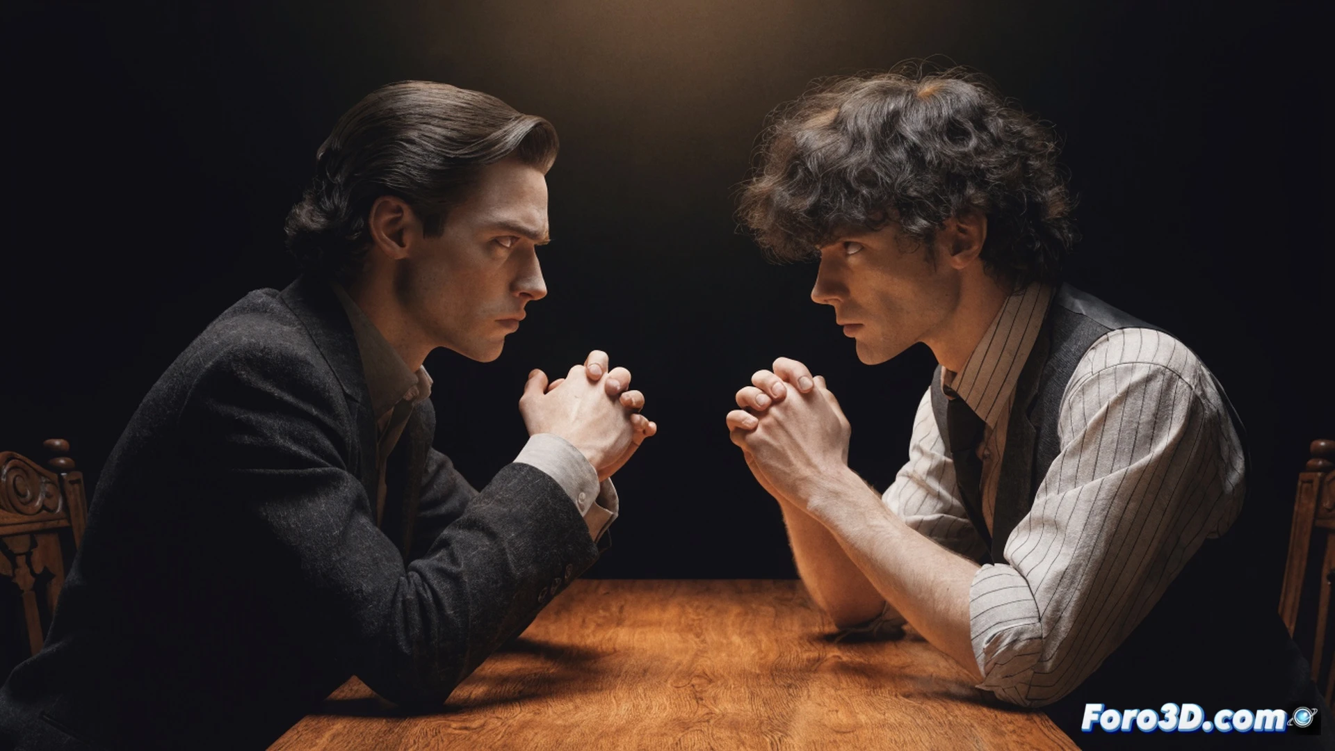 young Sherlock Holmes and Moriarty as teenagers in a dim Victorian laboratory, both leaning over a glowing chemical apparatus, hands adjusting brass valves and glass beakers, blue flame heating a distillation flask, steam rising between them, shared notebook with technical sketches visible, electrical arc device sparking in background, cinematic photorealistic style, warm amber lighting contrasting with cool blue chemical glow, polished mahogany surfaces, brass microscopes and scattered gears on workbench, intense focus on their collaborative action, dramatic side lighting, ultra-detailed textures of leather aprons and metal tools, emotional tension between allies