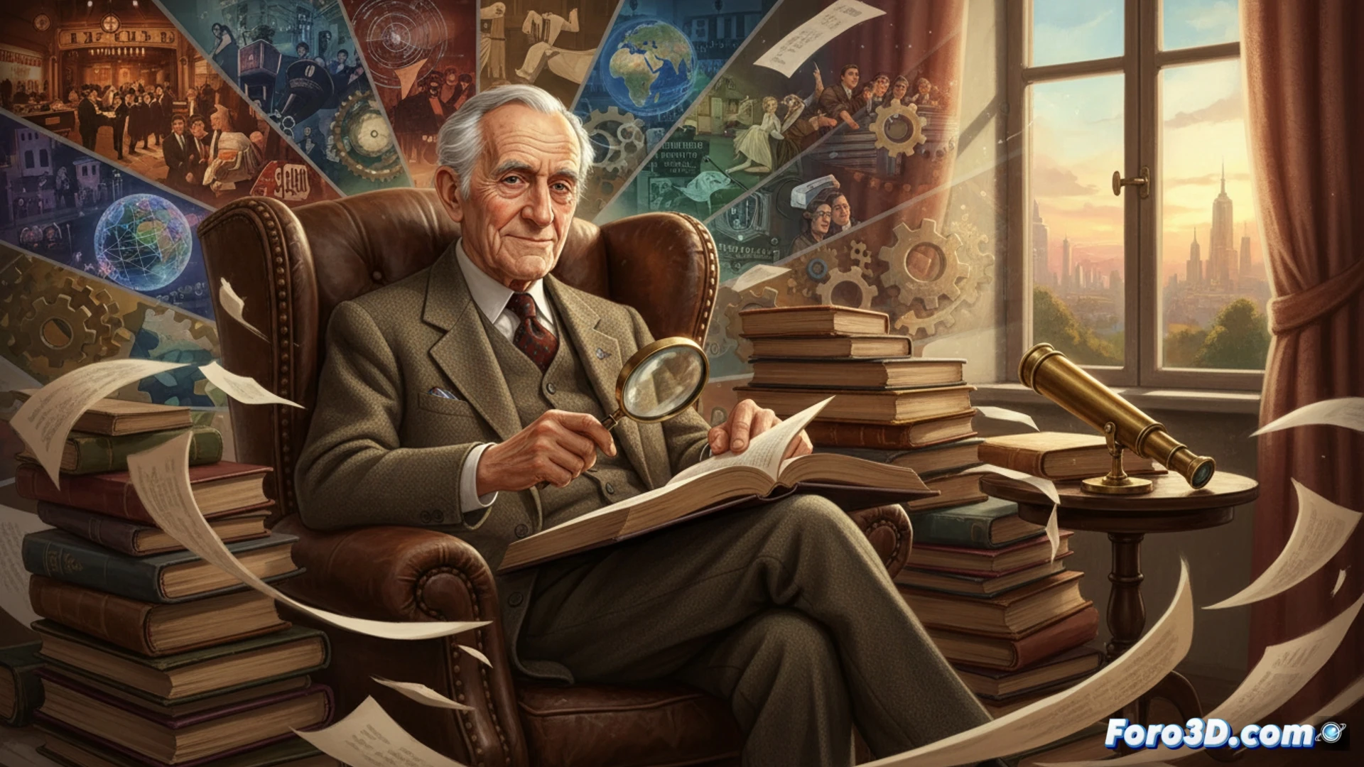Edgar Morin sentado en un escritorio vintage frente a tres monitores mostrando diagramas interconectados, mientras sostiene un libro antiguo abierto, hojas de papel con notas manuscritas dispersas, una taza de café humeante, lámpara de escritorio iluminando su rostro reflexivo, fondo con estanterías de libros y un globo terráqueo, estilo cinematic photorealistic, iluminación cálida de estudio, textura de papel envejecido, profundidad de campo suave, colores sepia y gris azulado, atmósfera contemplativa.