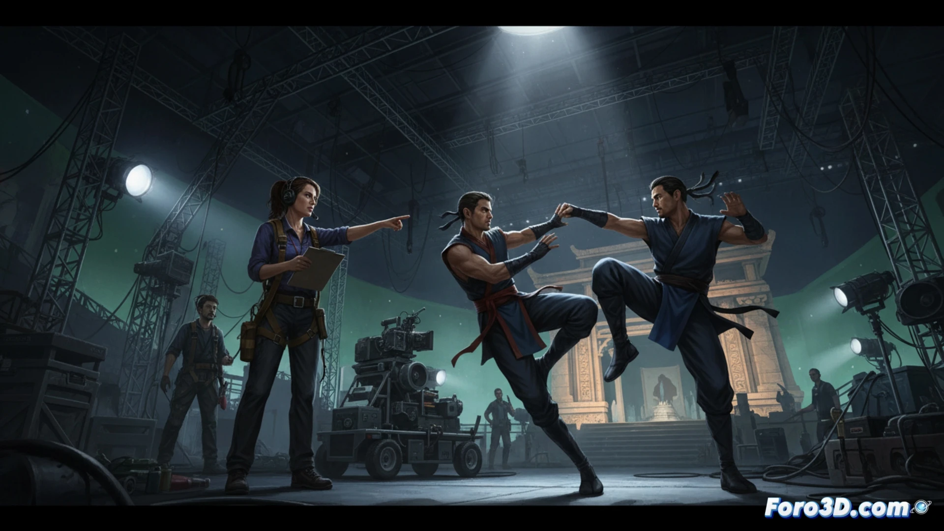 Una escena de rodaje de Mortal Kombat II muestra a Diana Giorgiutti supervisando efectos visuales junto a actores en combate coreografiado, con pantallas verdes y luces de estudio.