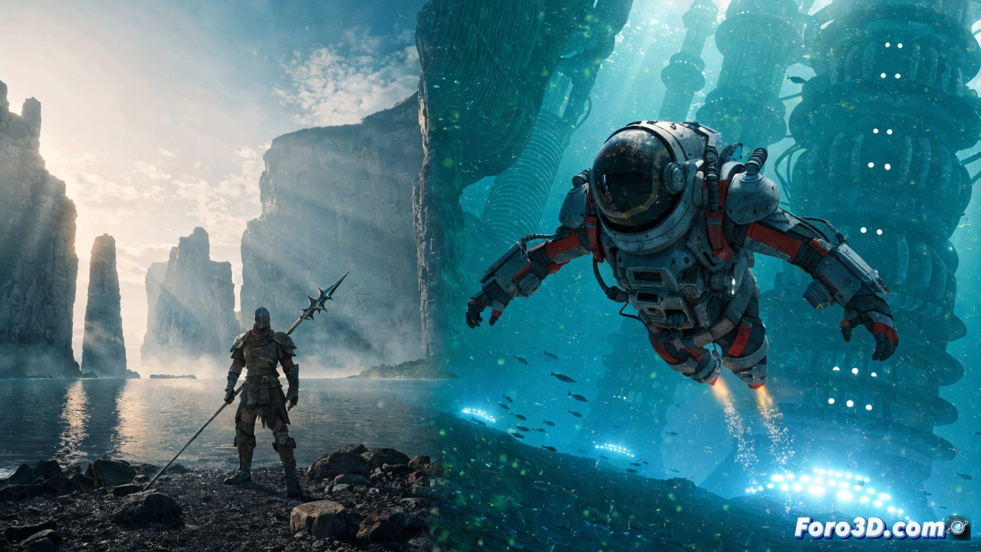 gothic knight from Mortal Shell II standing in a flooded sunken laboratory from Subnautica 2, crystalline water surface reflecting dynamic RTX ray-traced lighting, volumetric fog illuminated by bioluminescent flora, DLSS performance overlay showing stable frame rate counter on a transparent HUD, glowing neon wires and submerged NVIDIA GPU cooling fins visible through a glass panel, cinematic photorealistic technical illustration, dramatic contrast between dark stone armor and vibrant aquatic glow, particle effects from floating spores interacting with real-time shadows, ultra-detailed wet reflections on armor and metal surfaces, engineering visualization style