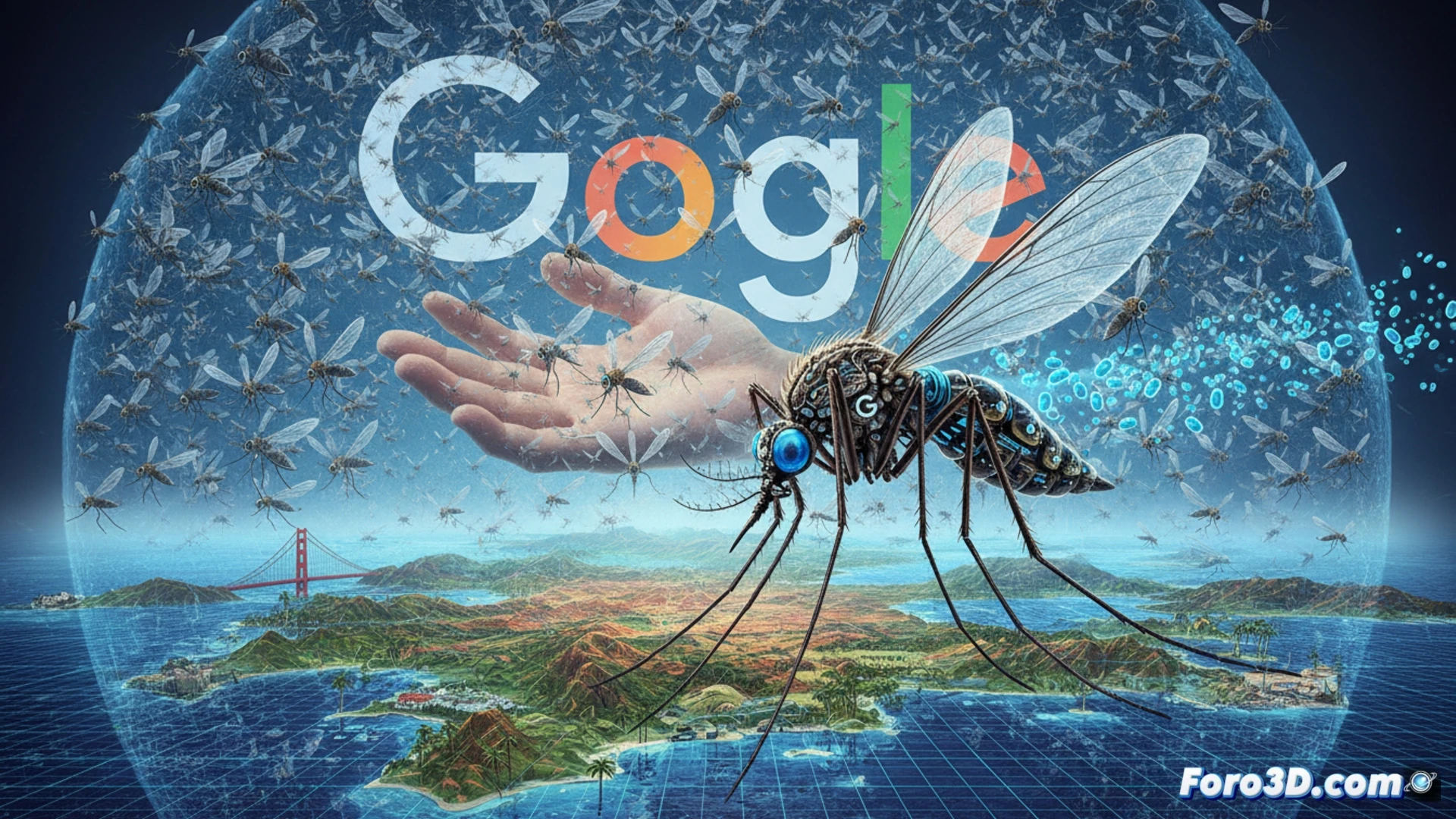 Aerial drone releasing sterile male mosquitoes over suburban California neighborhood, robotic arm opening a translucent container with thousands of insects mid-flight, microscopic Wolbachia bacteria glowing inside mosquito abdomens, satellite map overlay showing release zones in Florida and California, photorealistic technical illustration, golden hour sunlight filtering through trees, hyper-detailed insect anatomy, sterile marking dots on mosquito wings, industrial drone propellers in motion, atmospheric dust particles, cinematic depth of field, engineering visualization style, high-contrast lighting, macro lens perspective