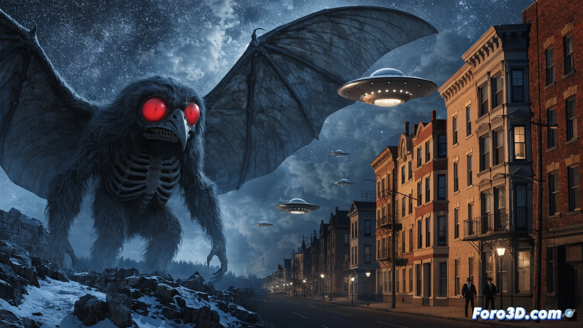Mothman silhouette with red glowing eyes standing on a rusty bridge railing, strange multicolored orbs floating in the dark sky above, three men in black suits observing from a vintage car below, 1960s small town atmosphere, fog rolling over the Ohio River, telescoping antennas and vintage radio equipment on car dashboard emitting static waves, cinematic photorealistic scene, dramatic low-angle shot, eerie green and amber lighting, ultra-detailed textures on worn metal bridge and wet asphalt, motion blur on drifting fog, glowing dimensional rift opening behind the creature, technical illustration style with subtle grid overlay on sky