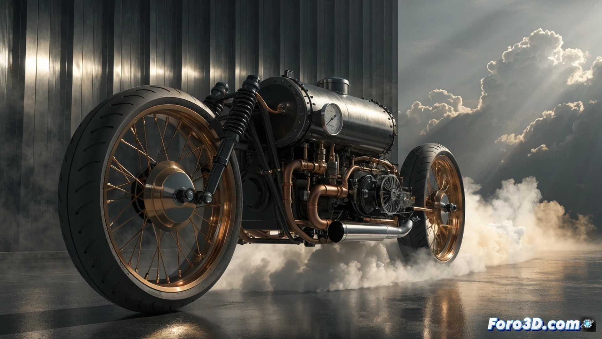 Moto de vapor acelerando desde parado, rueda trasera levantando humo blanco denso, caldera de acero inoxidable expuesta bajo el asiento con válvulas de presión y manómetros, tuberías de cobre brillante conectando al motor de pistones, vapor escapando por una válvula de seguridad, ingeniero con casco aerodinámico inclinado hacia adelante durante la explosión de potencia, circuito de asfalto gris al amanecer, desenfoque de movimiento extremo en las ruedas, estilo cinematográfico hiperrealista, iluminación industrial dramática, textura metálica reflectante, render técnico de ingeniería detallado
