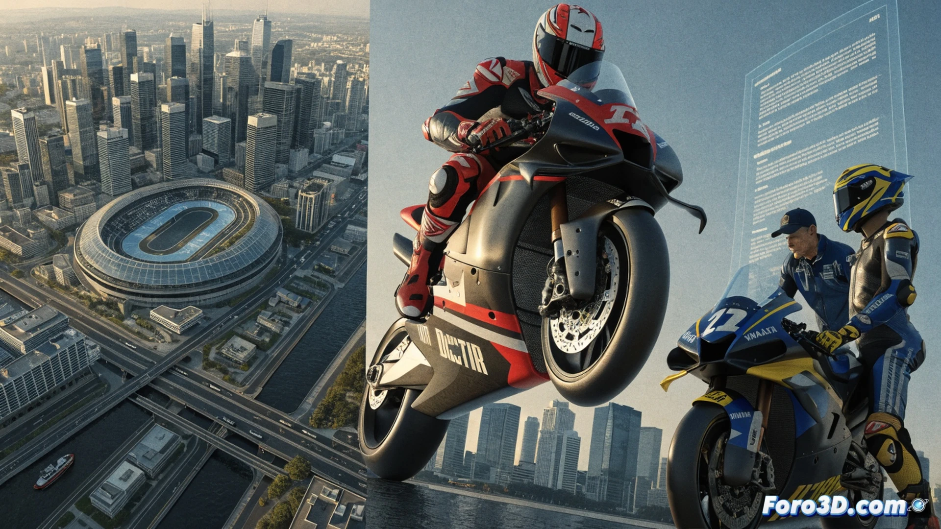technical illustration of MotoGP pit wall during contract negotiation signing, team managers shaking hands over carbon fiber table, Ducati and Yamaha engineers reviewing financial documents on holographic tablets, floating 3D bar charts showing revenue split under 8 million euros, circuit map projected on wall with 2027-2031 timeline, racing helmets on table, neon LED strips illuminating tense atmosphere, cinematic lighting, photorealistic engineering visualization, detailed mechanical components in background