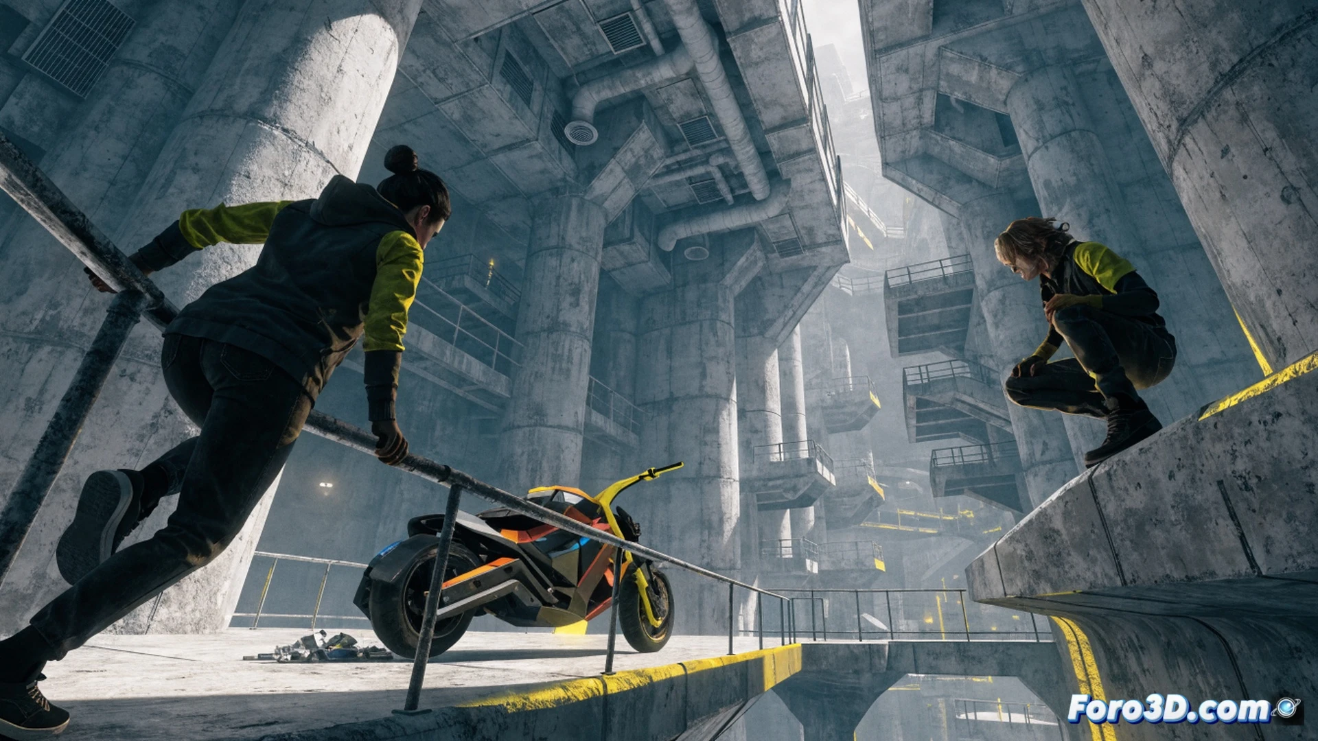 two developers working at a concrete desk with monitors, one pointing at a yellow-painted structural beam on screen, the other adjusting a 3D model of a cement tower, industrial workspace with exposed pipes and vibrant yellow accents, cinematic technical illustration, photorealistic render, dramatic shadows from overhead workshop lights, scattered game design sketches and mechanical blueprints on the table, demonstrating intuitive color-coded navigation design, ultra-detailed concrete textures, warm industrial color palette