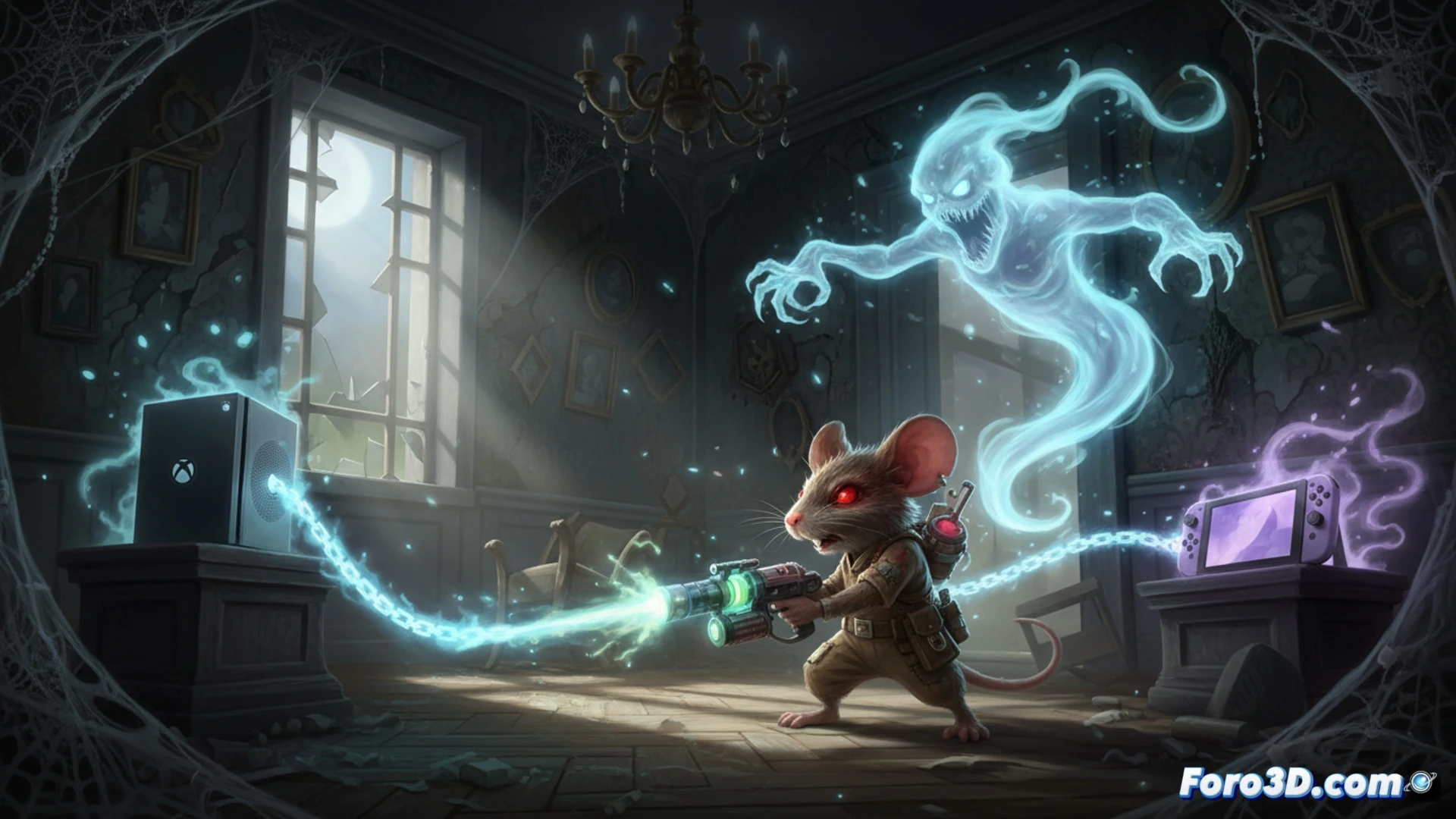 small mouse protagonist in a dark haunted mansion corridor, aiming a glowing ray gun at a translucent ghost spirit, blue energy beam striking the ghost while puzzle elements like a locked door and a glowing switch are visible, exploration and combat scene, cinematic horror game visualization, dim atmospheric lighting with neon blue highlights, dusty floorboards, cobwebs, antique furniture, realistic textures, eerie fog, dynamic action pose, photorealistic technical render, dramatic shadows