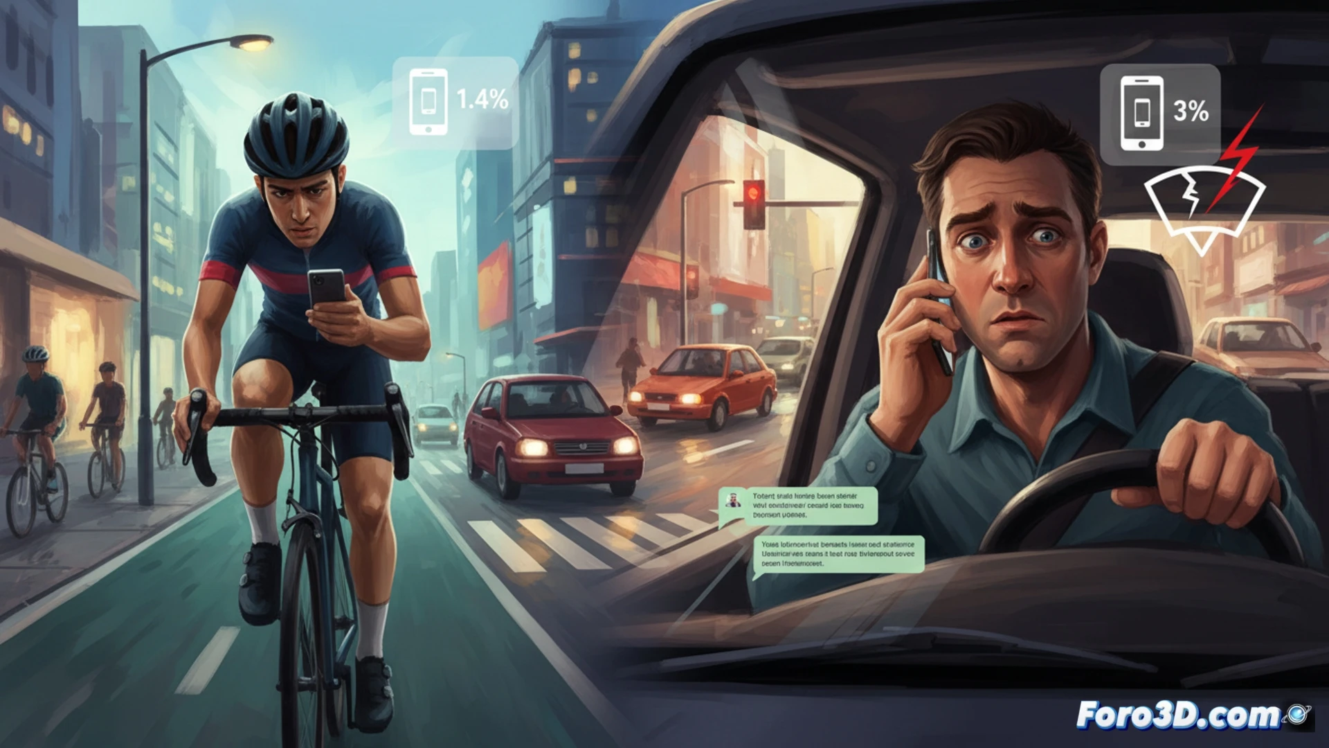 photorealistic cinematic scene of a car driver holding a smartphone while steering, eyes on screen not road, dashboard with speedometer and navigation display showing distraction, background blurred city intersection with cyclists and e-scooter riders, a cyclist nearby also glancing at phone, contrasting danger levels, dramatic low-angle shot, harsh street lighting, motion blur on passing vehicles, technical illustration style, ultra-detailed interior textures, reflective windshield, urban evening atmosphere