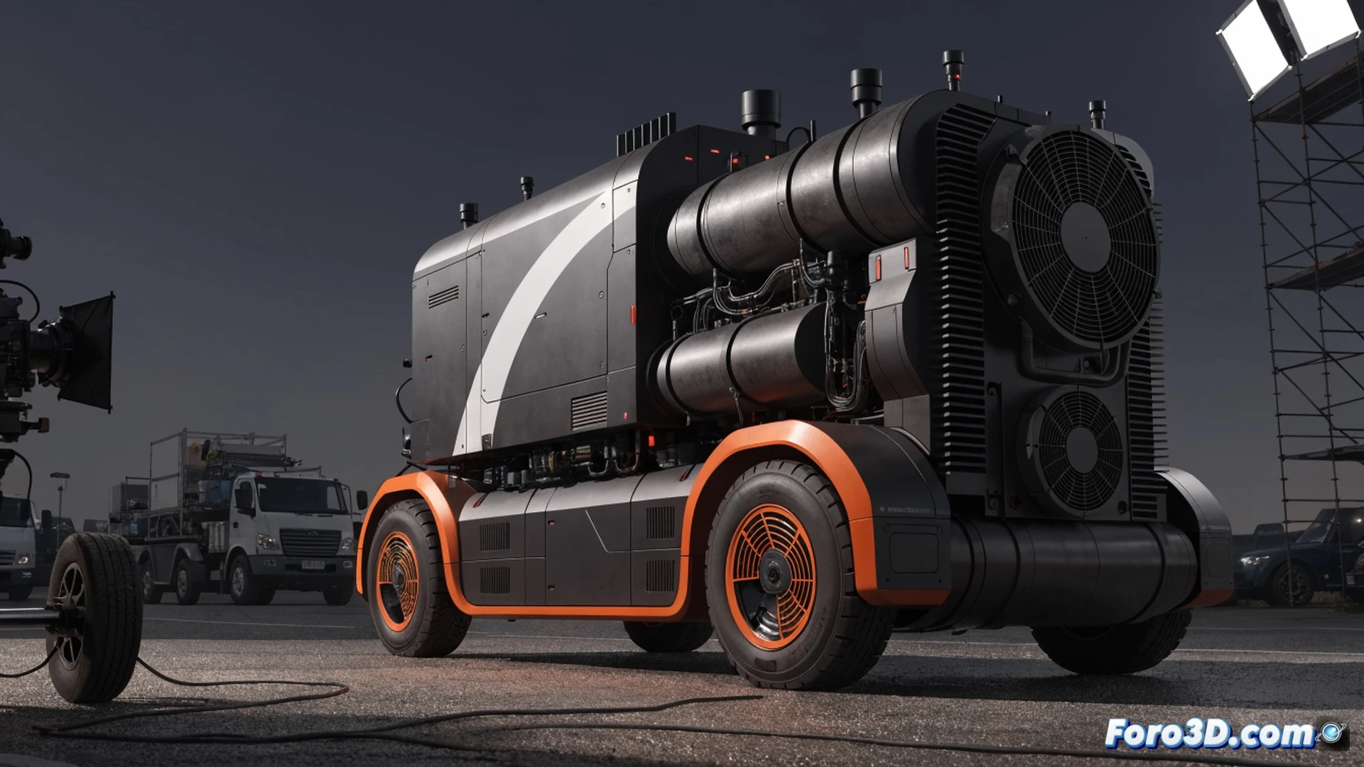 Moxion Power industrial battery unit parked on a film set, heavy cables connecting to cinema lighting rigs, crew members coiling traditional diesel generator cables in background, silent operation contrasting with old equipment, blue LED status indicators on battery array, reinforced chassis with shock absorbers, photorealistic engineering visualization, bright daylight on asphalt, zero exhaust fumes visible, industrial design with cooling vents and power outlets, dramatic contrast between clean electric unit and dusty construction site, ultra-detailed mechanical components