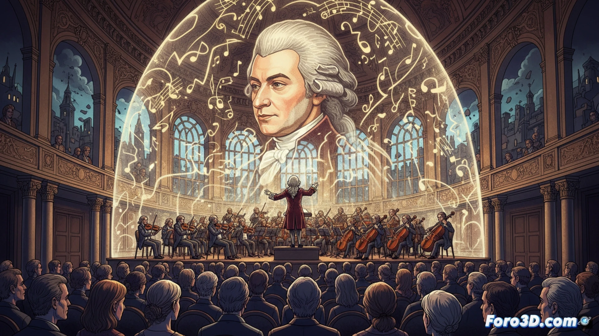 Neoclassical concert hall stage during a Mozart performance, orchestra musicians playing violins and cellos while a conductor gestures with a baton, warm golden stage lights illuminating polished wooden instruments and sheet music stands, audience members in soft focus with calm expressions, subtle abstract sound waves radiating from the orchestra like protective veils, cinematic photorealistic visualization, deep burgundy curtains framing the scene, gentle dust particles floating in the light beams, high-end architectural detail on the hall's coffered ceiling, emotional tranquility emphasized through soft focus and warm color grading