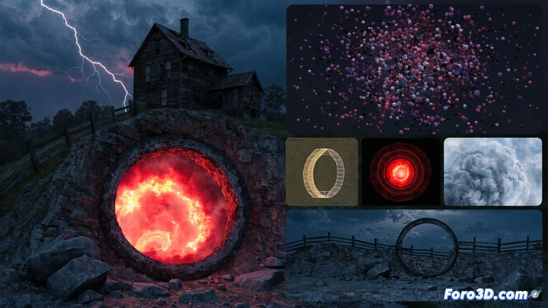 photorealistic cinematic scene of a suburban Indiana house basement, glowing orange cracks forming a pentagram portal in the concrete floor, smoke rising from fissures, technical visualization of 337 layered visual effects elements, holographic interface panels showing particle simulation controls and rendering nodes floating in midair, demonic shadow figures emerging from light, cinematic horror lighting with deep shadows and red highlights, ultra-detailed textures on walls and floor, motion blur on smoke particles, glowing energy lines tracing portal geometry, photorealistic technical illustration style