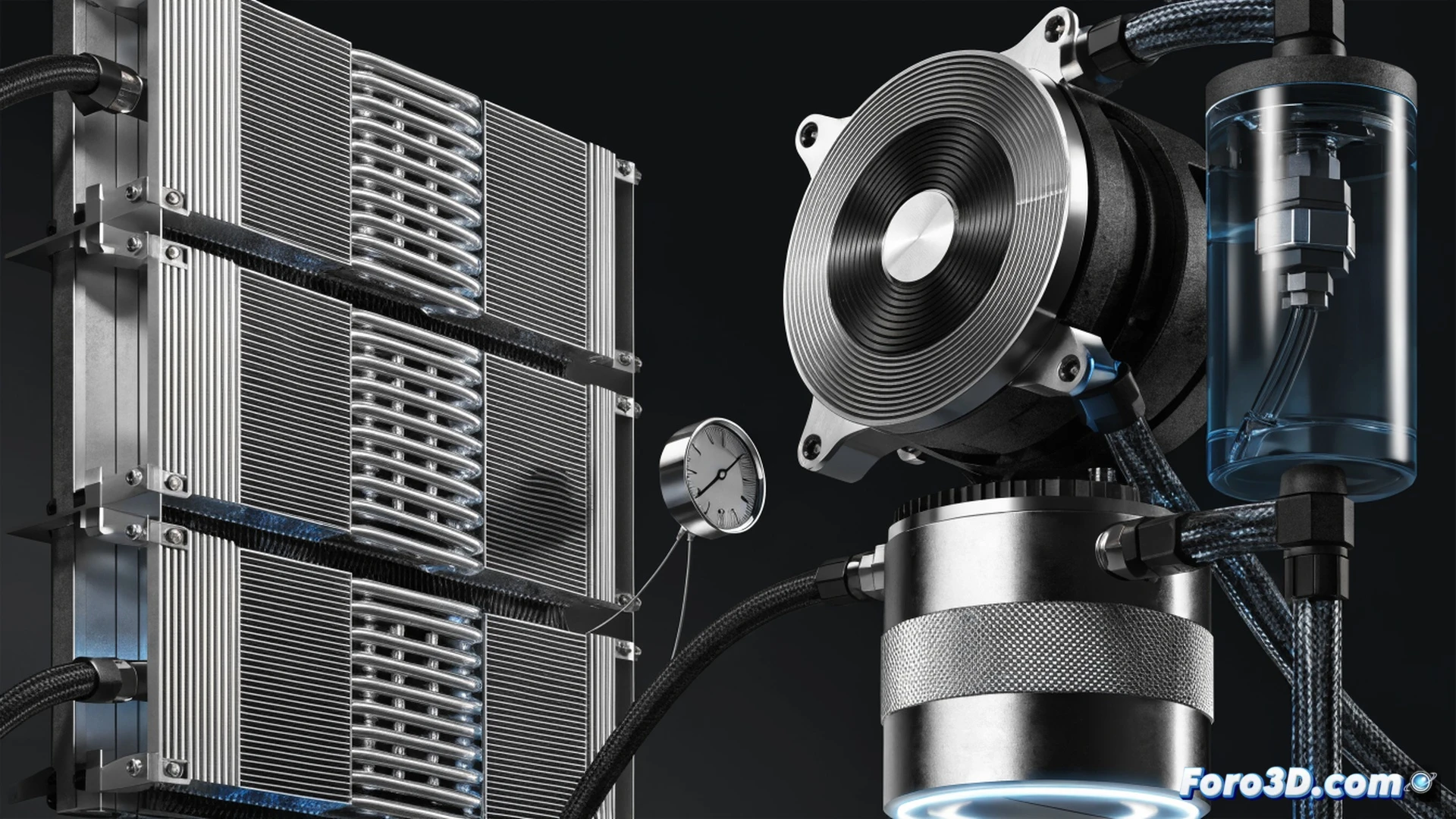 Photorealistic technical visualization of a PC gaming workstation during intense CPU stress test, MSI MPG CORELIQUID P22 360W liquid cooler installed on motherboard, three 120mm fans spinning with visible motion blur, coolant flowing through transparent tubes showing micro-bubbles moving from radiator to CPU block, thermal paste residue visible on copper cold plate, digital temperature display on monitor showing 65 degrees Celsius under full load, RGB lighting reflecting off metallic radiator fins, dust particles suspended in air near intake fans, dramatic blue and cyan lighting, ultra-detailed engineering render, sharp focus on pump housing and tube fittings, cinematic industrial atmosphere