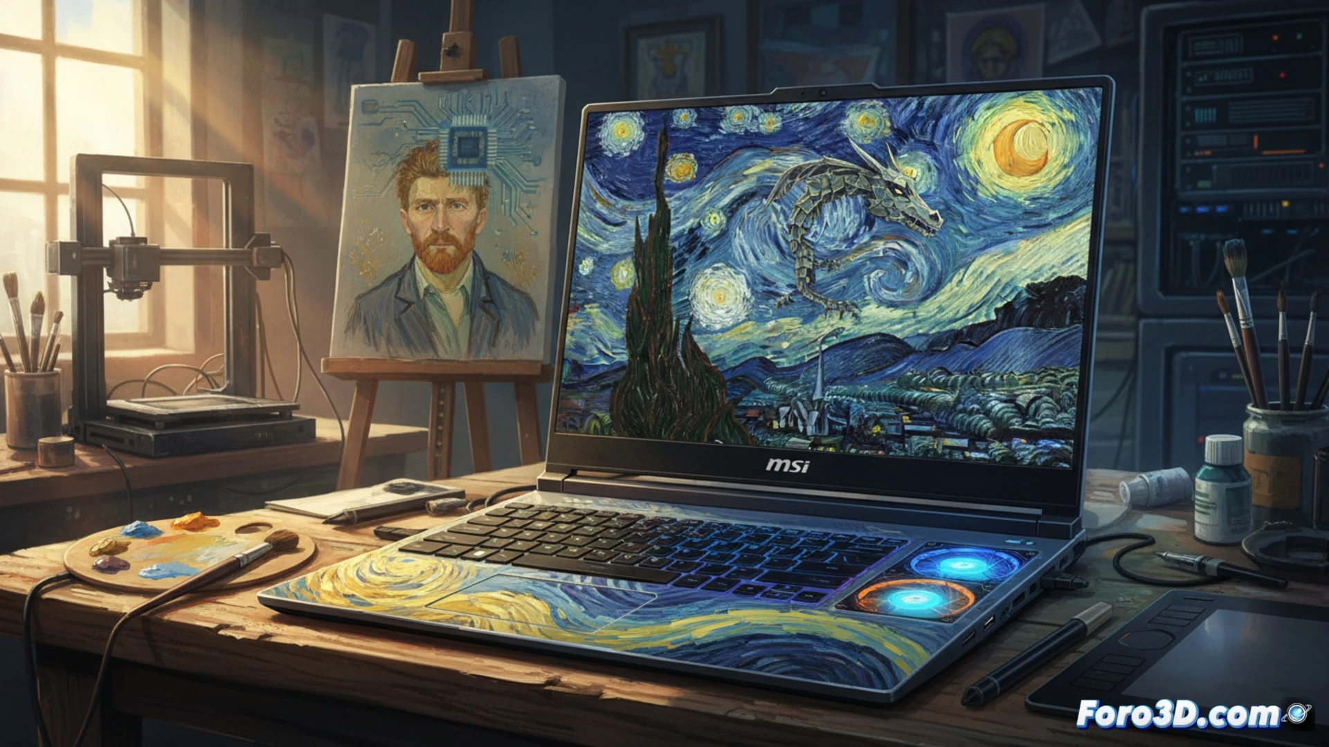 Portátil MSI con diseño de pinceladas de Van Gogh y pantalla táctil OLED para creadores 3D
