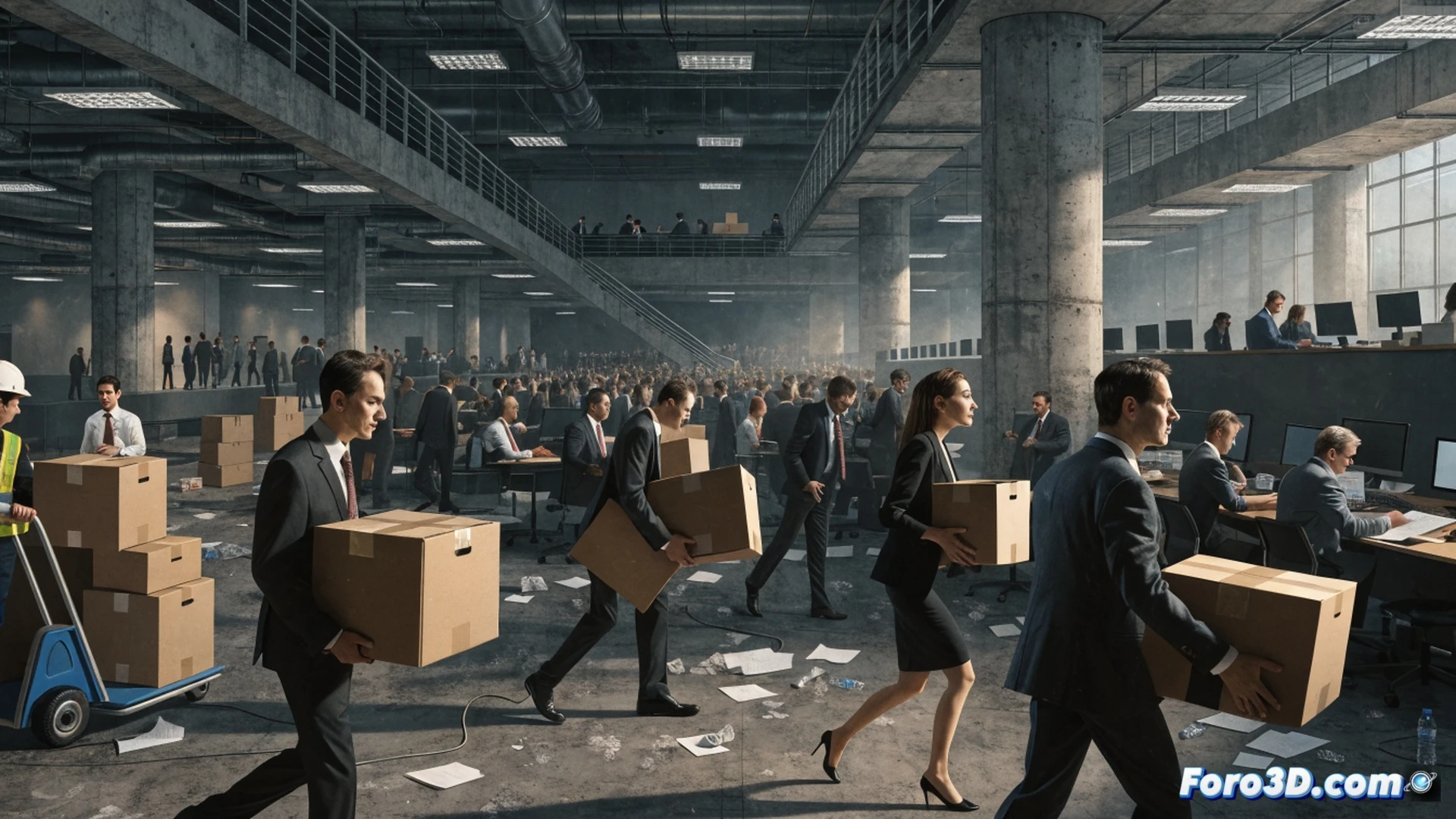 A bureaucratic office being physically lifted from an old building and carried through a traffic jam toward a new glass tower, desks piled with overflowing paperwork and tangled cables, monitors displaying endless loading circles, a giant clock with broken hands floating above, employees frozen mid-step clutching folders, cars honking in a gridlock below, cinematic photorealistic visualization, dramatic sunset lighting casting long shadows, dust particles swirling, metallic building frames reflecting orange sky, ultra-detailed architectural and human elements, chaotic yet precise technical illustration style