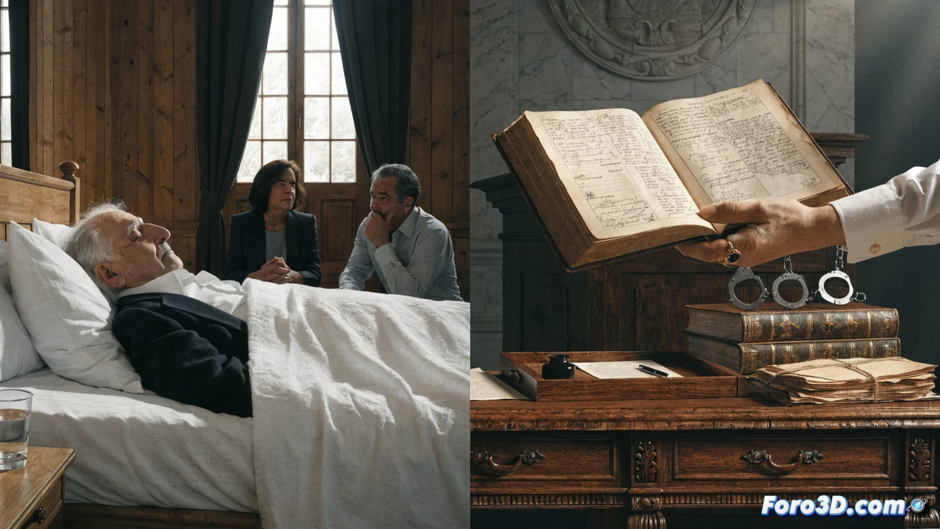 Photorealistic cinematic scene of a courtroom interior, a stern elderly man in a dark suit stands at a prosecutor's desk, one hand pointing firmly at a large screen displaying a digital map of Spain with red markers over Basque Country and Madrid, the other hand holding a pen over a stack of legal documents with forensic evidence folders, glowing gavel on the bench in background, dramatic low-angle lighting casting long shadows, dust particles in spotlight beams, polished wood and brass details, ultra-detailed textures, serious atmosphere, justice system symbolism, no text or numbers visible, technical illustration style