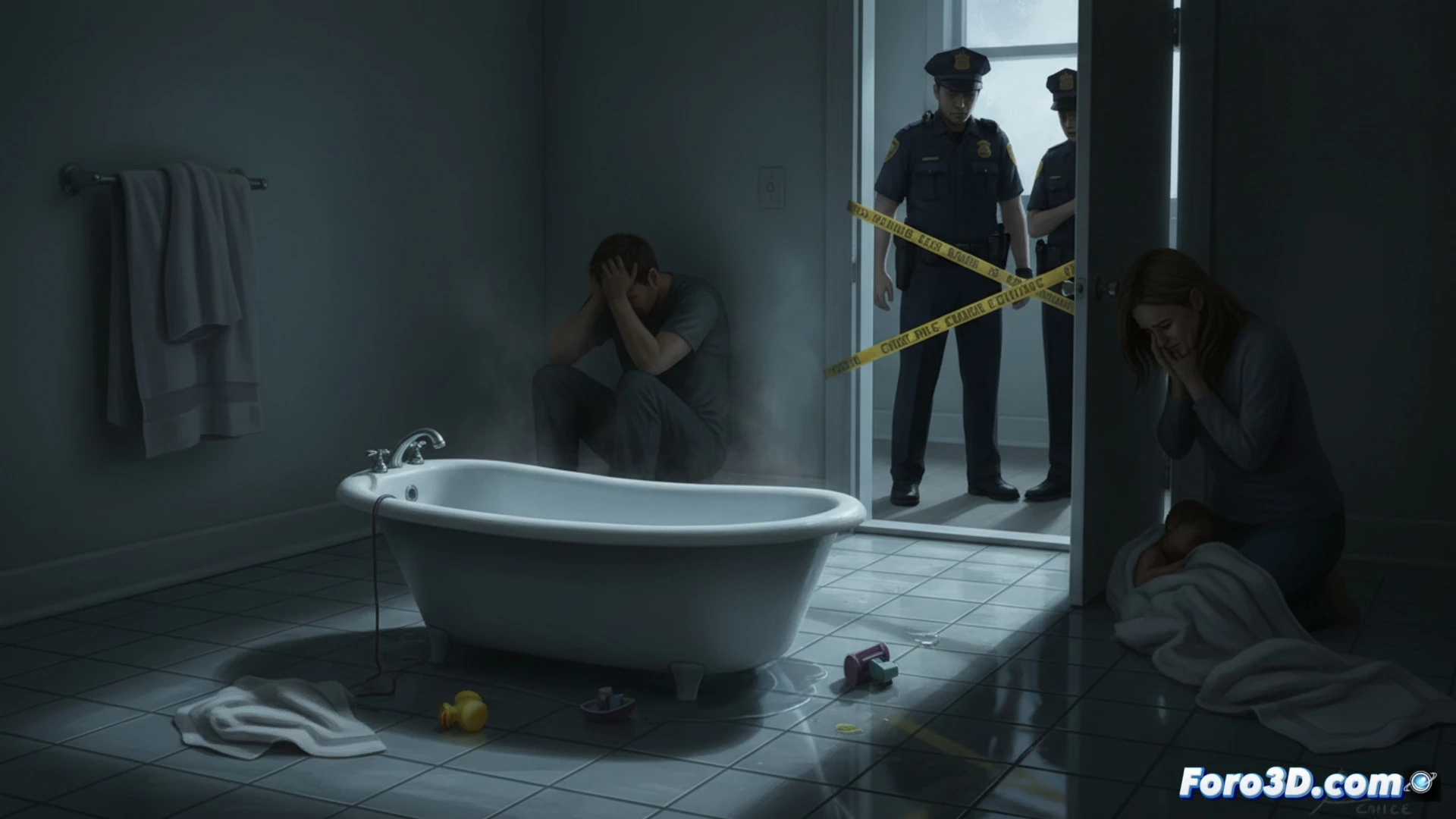 Realistic forensic reconstruction scene, a bathroom with a baby bathtub on a tiled floor, a digital thermometer floating in steaming water showing critical temperature, a blurred adult hand reaching toward the water while a small silhouette of a baby lies motionless, police evidence markers on the floor, a forensic investigator wearing blue gloves holding a tablet displaying custody schedule documents, harsh overhead fluorescent lighting casting long shadows, cold clinical color palette with pale blues and grays, photorealistic technical visualization, cinematic crime scene photography style, ultra-detailed ceramic tiles with water droplets, dramatic tension through lighting and composition