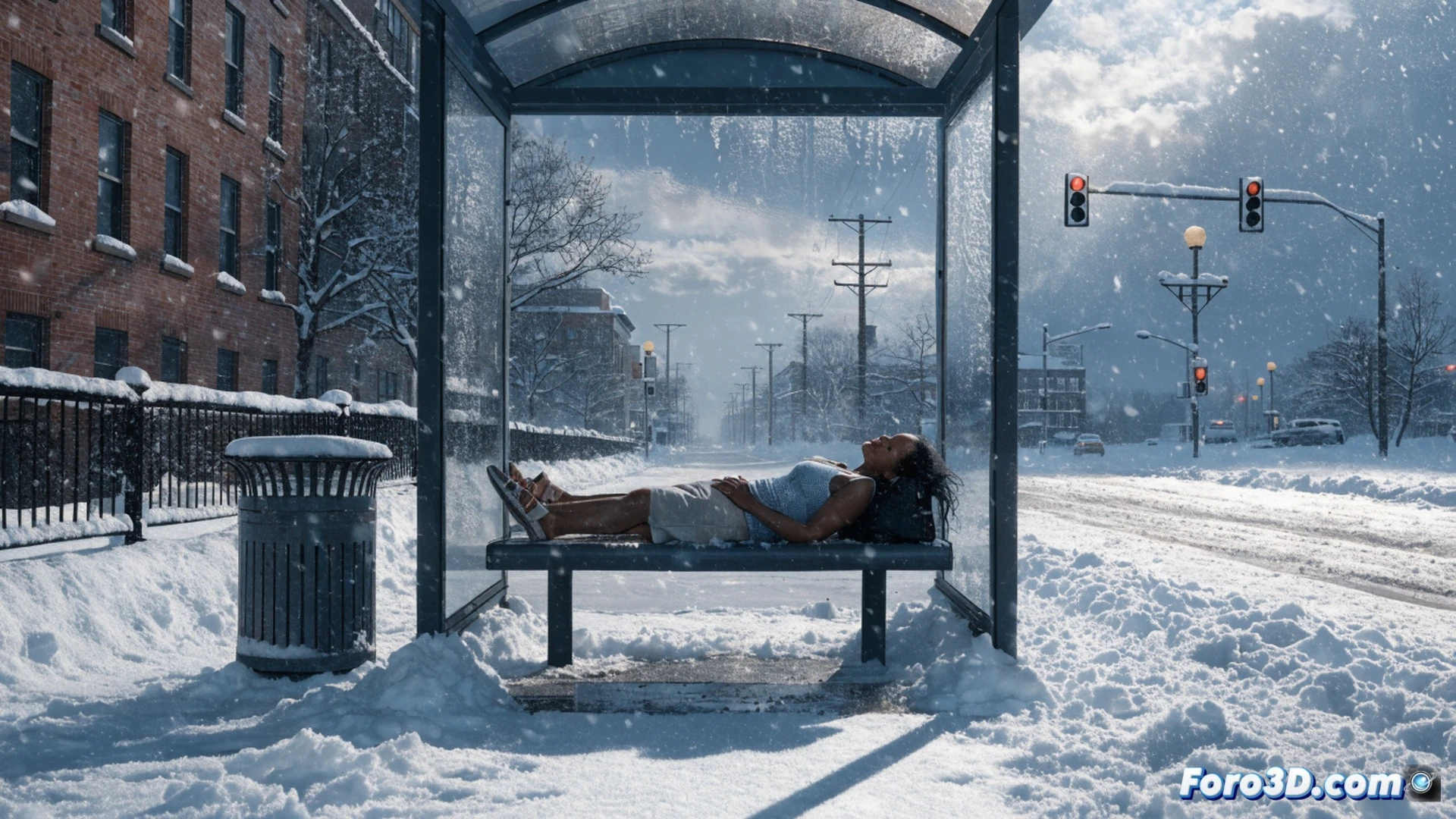 photorealistic cinematic scene of a bus stop bench in a snowy Pittsburgh winter night, a thin woman in summer clothing curled against the metal railing, frost on her jacket, empty bus shelter with flickering fluorescent light, ICE release papers scattered on wet concrete, a digital clock showing 3 days elapsed, forensic evidence markers on the ground, cold blue lighting, snow accumulating on her sneakers, hyperdetailed textures of frost on metal and wet pavement, dramatic chiaroscuro shadows from the shelter light, technical illustration style showing neglect and exposure