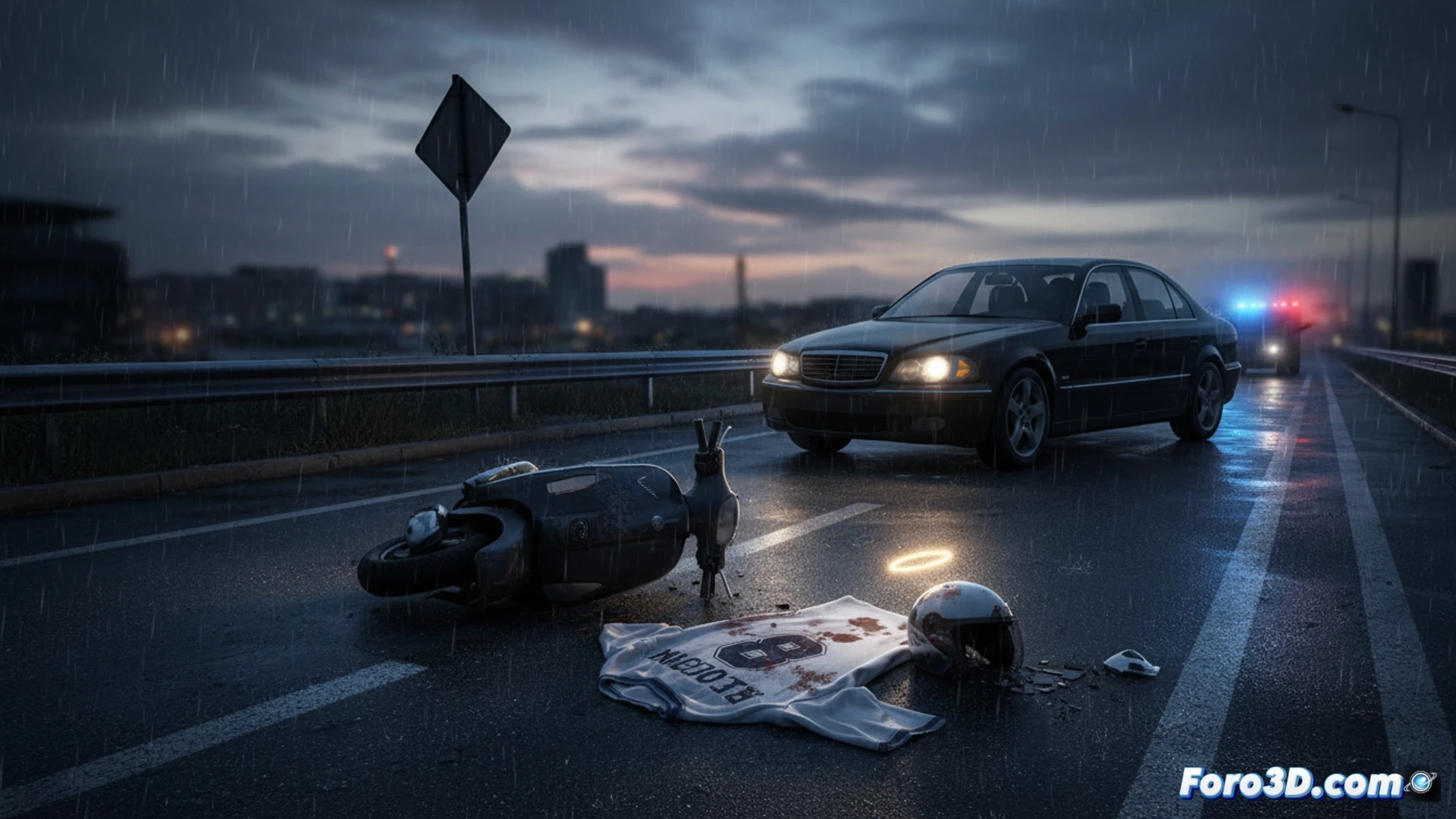 cinematic photorealistic scene of a scooter lying on wet asphalt at night, rear car tire stopped inches away, shattered helmet pieces scattered, emergency lights reflecting on road surface, technical diagram overlay showing impact dynamics and braking distance calculations, glowing trajectory lines tracing vehicle path, ghostly silhouette of footballer vanishing into shadow, dramatic low-angle perspective, ultra-detailed mechanical damage, cold blue street lighting, safety warning signs blurred in background, forensic measurement markers visible