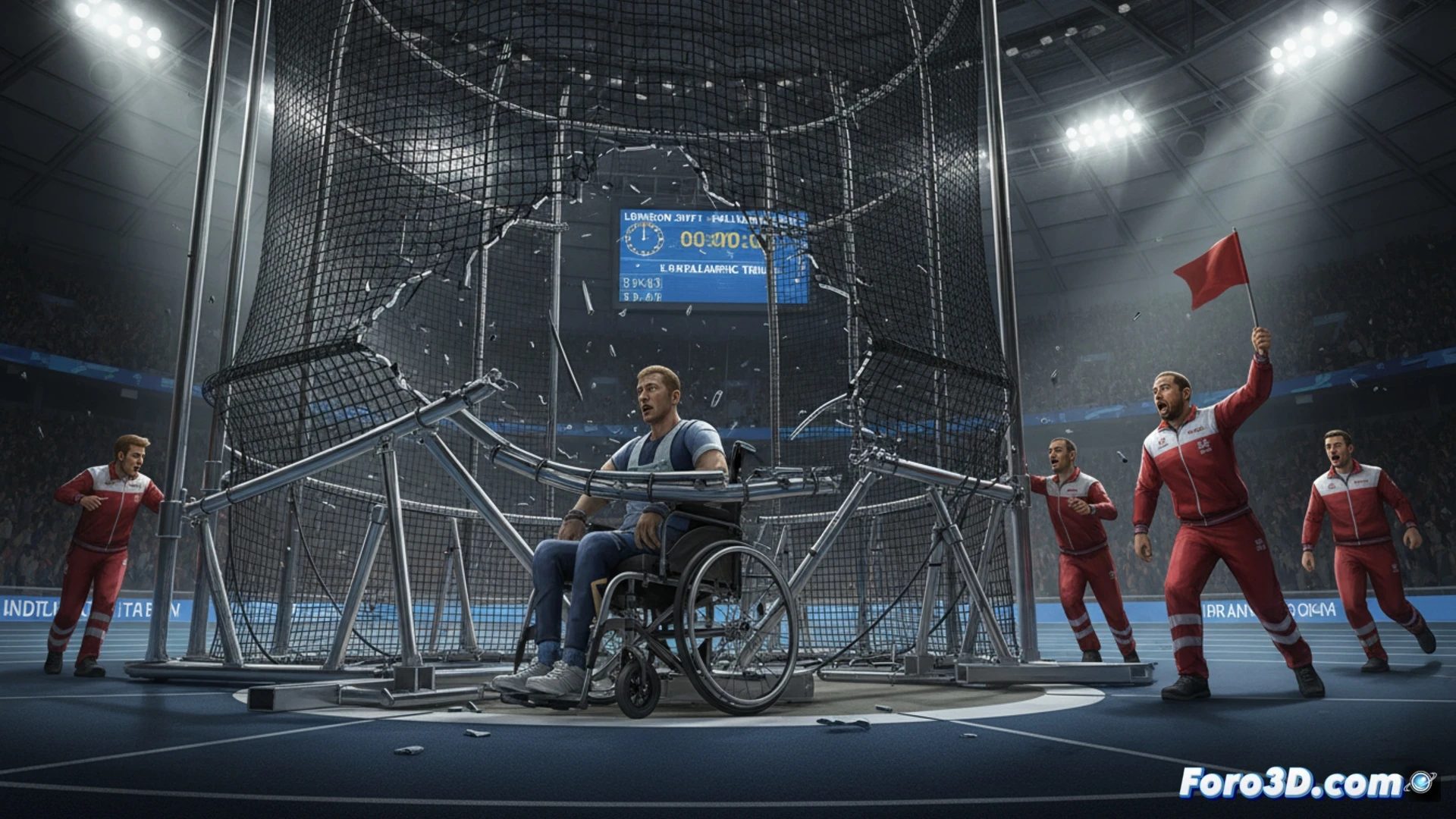heavy-duty athletic throwing cage collapsing during training session, steel frame buckling at welded joints, missing support brackets visible on dislodged base plates, concrete anchor bolts sheared and scattered on grass, athlete in wheelchair mid-throw motion with shocked expression, cage netting tearing under falling metal beams, dramatic slow-motion impact sequence, forensic engineering style, metallic debris flying upward, structural failure lines highlighted in red, overcast London stadium lighting, photorealistic technical illustration, hyper-detailed corrosion on broken bolts, cinematic wide-angle composition