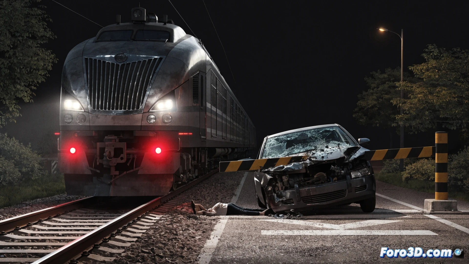 automóvil compacto plateado atrapado bajo un tren de pasajeros en un paso a nivel, barrera de seguridad rota y caída sobre el capó, ruedas del tren aplastando el techo del vehículo, ventanilla del conductor estrellada con esquirlas de vidrio esparcidas, semáforo ferroviario intermitente rojo en primer plano, vías metálicas brillantes bajo luz nocturna, neblina baja iluminada por faros del tren, cables eléctricos y postes de señalización visibles, estilo cinematográfico hiperrealista, texturas de metal oxidado y asfalto mojado, encuadre dramático en picado, iluminación industrial fría con destellos de advertencia, alta definición técnica, sin texto ni marcas visibles.
