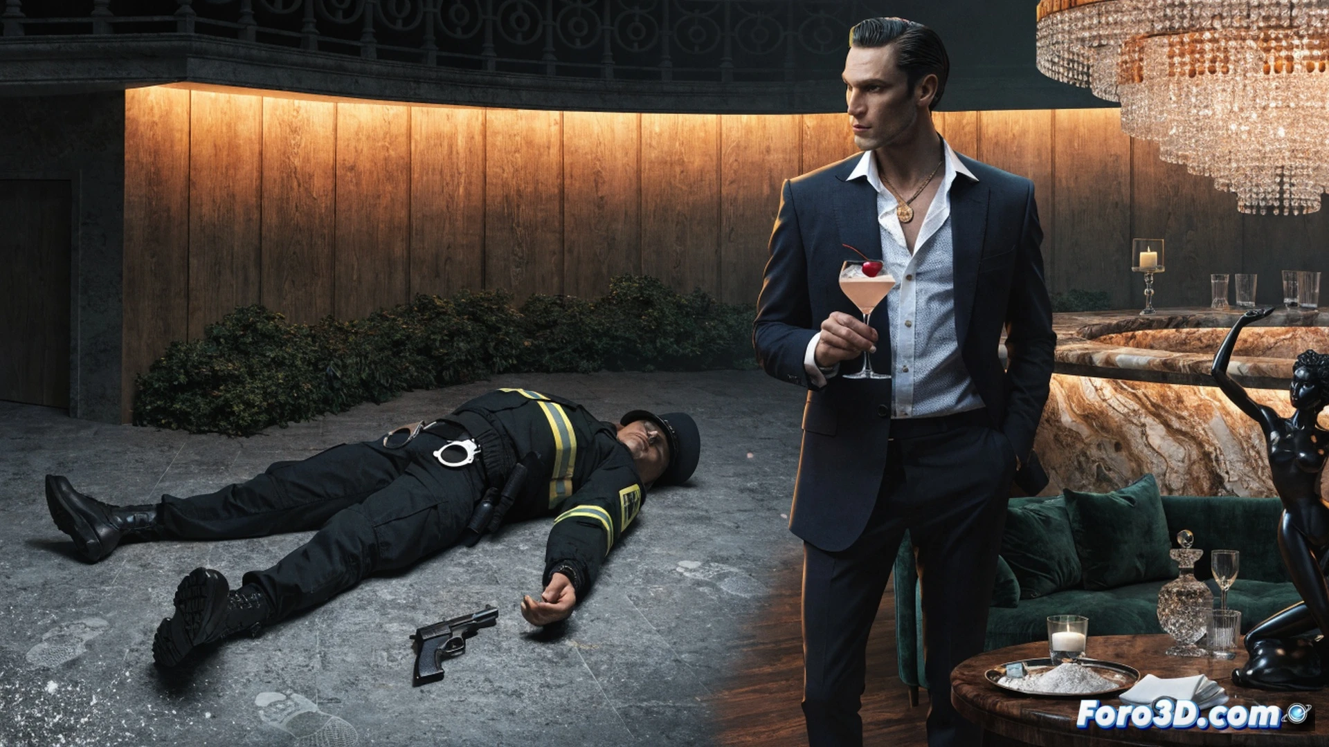 A lone police officer in a dark blue uniform collapses against a graffiti-covered wall in a narrow Ibiza alley, clutching his chest while a half-empty blister pack of pills falls from his hand onto cracked pavement, another officer rushes toward him but stops frozen mid-step, a municipal house key dangles from the fallen man’s belt, distant neon club lights blur in the humid night air, cinematic photorealistic render, harsh sodium streetlamp casting long shadows, sweat on forehead, subtle tremor in outstretched fingers, forensic-level detail on pill packaging, motion blur on the running officer’s legs, gritty urban texture, moody blue and amber color palette, dramatic tension in the frozen moment of crisis.