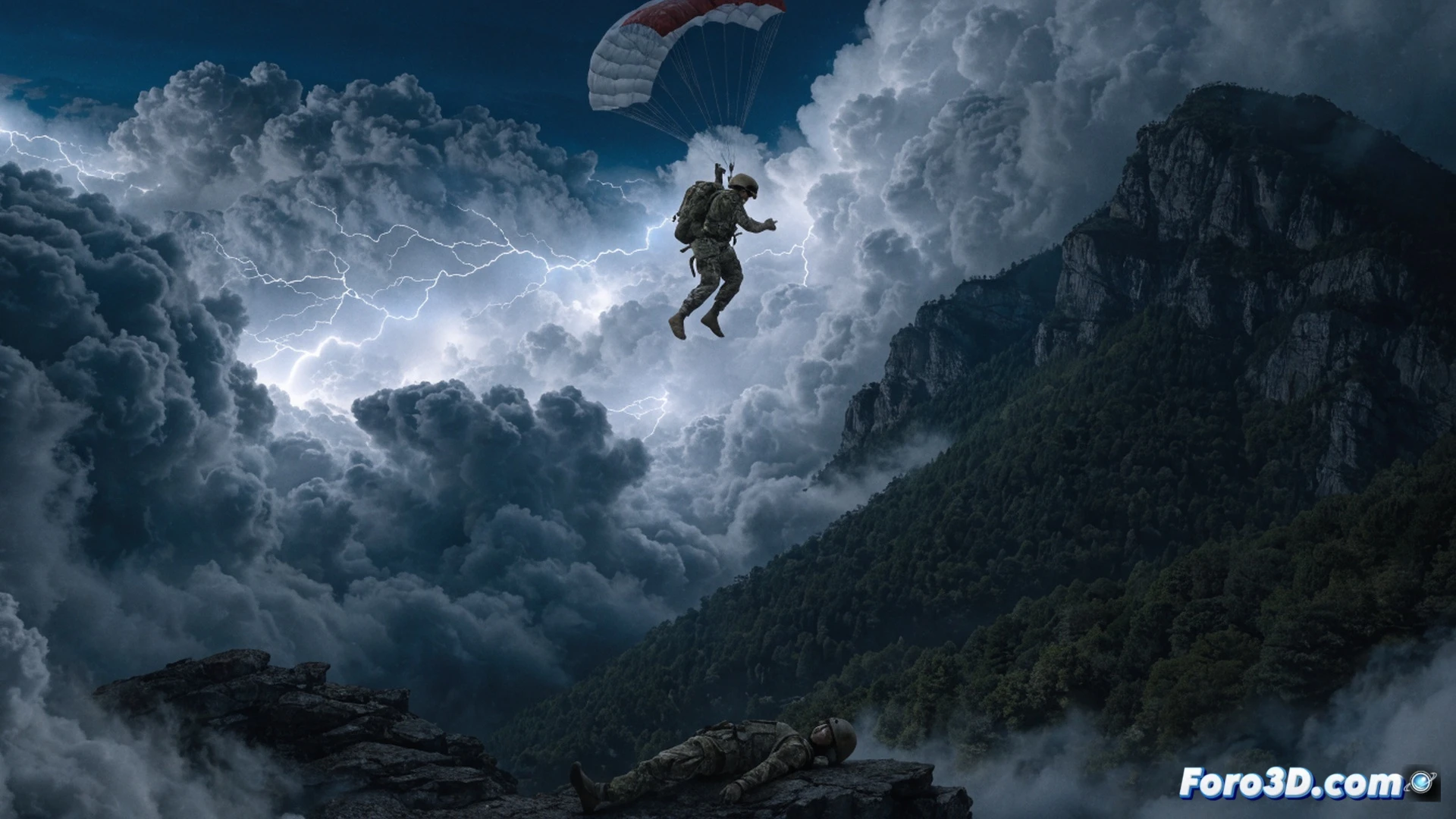 military paratrooper silhouette falling at night under a dark stormy sky, parachute canopy partially tangled with suspension lines in a dangerous spiral, night vision green glow from helmet-mounted device, tactical gear and static line visible, distant mountain range of Huesca below, cinematic photorealistic technical illustration, high contrast moonlight breaking through clouds, motion blur on rotating body, ultra-detailed fabric folds and metal buckles, dramatic atmospheric perspective, realistic night combat training scene