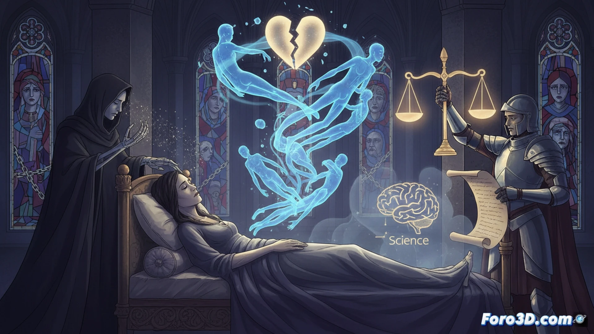 photorealistic courtroom scene split in two, left side showing grieving woman silhouette collapsing in sorrow before a judge's bench, right side displaying medical heart monitor flatlining while legal documents float between both realms, gavel mid-swing frozen in time, glowing red legal clauses wrapping around a transparent anatomical heart, forensic diagram overlays showing emotional trauma pathways as neural sparks, dark wood paneling, dramatic chiaroscuro lighting, dust particles suspended in air, cinematic wide-angle lens, ultra-detailed textures on leather law books and medical charts, technical illustration style merging medicine and jurisprudence