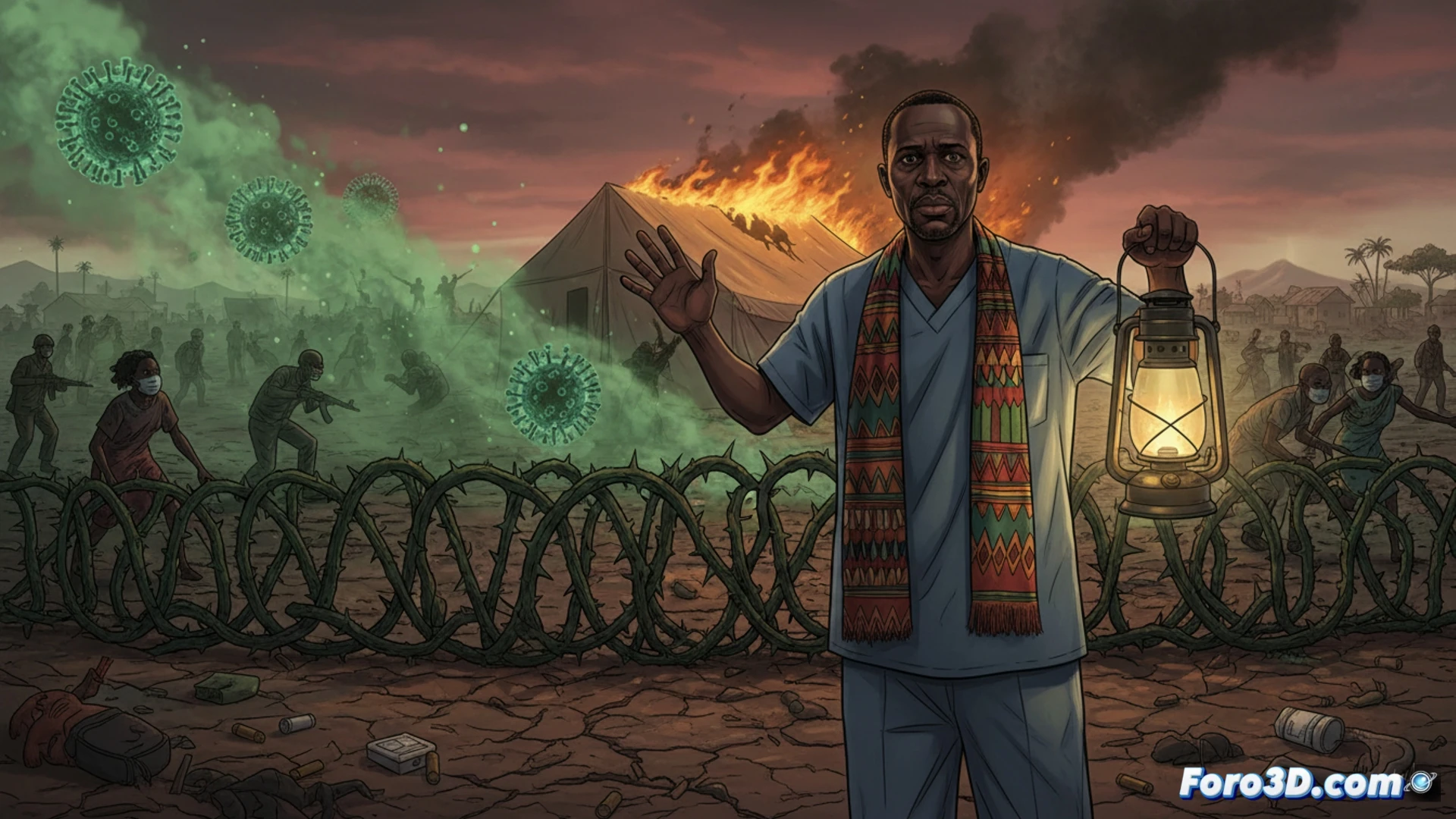Doctor Denis Mukwege standing in a destroyed medical tent, holding a portable viral diagnostic scanner while red biohazard warning lights flash on his hazmat suit, background shows armed soldiers and fleeing civilians crossing a bombed-out bridge, Ebola protective gear scattered among rubble, smoke rising from burning villages, photorealistic cinematic warzone documentary style, dramatic chiaroscuro lighting, high-contrast shadows, dust particles suspended in air, medical equipment half-buried in debris, action scene demonstrating impossible healthcare delivery during active conflict, ultra-detailed textures of torn plastic sheeting and cracked concrete