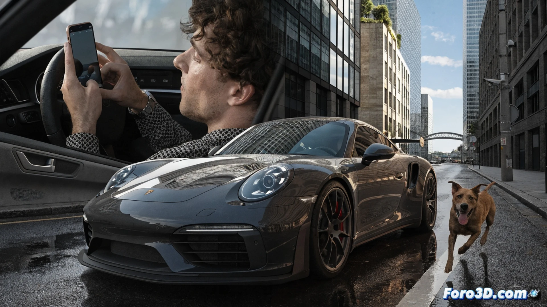 Photorealistic cinematic scene of a luxury silver Porsche stopped at a red traffic light in London, driver inside holding smartphone with both hands while a small dog moves freely on passenger seat, traffic officer observing from nearby sidewalk, visible phone screen glow illuminating face, dashboard warning lights, steering wheel grip, urban street setting with blurred city background, evening lighting with streetlamp reflections on wet asphalt, high-angle view capturing interior and exterior action, technical automotive photography style, ultra-detailed car interior textures, dramatic shadow contrast, demonstrating dangerous distraction during driving