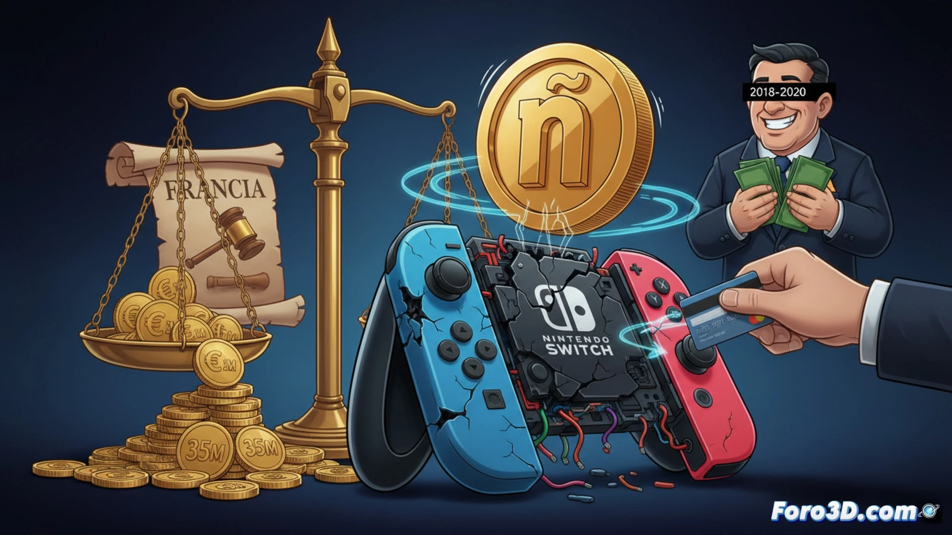 Close-up of a Nintendo Joy-Con controller being disassembled on a workbench, a technician's hand using a precision screwdriver to remove the joystick module, revealing worn-out metallic contact pads and a broken spring mechanism, circuit board traces visible, a magnifying glass hovering over the drift sensor, scattered tiny screws and plastic shims, cold blue LED light from a diagnostic tool, dramatic shadows, photorealistic engineering visualization, ultra-detailed macro shot, industrial maintenance scene, cinematic depth of field, metallic reflections on tools