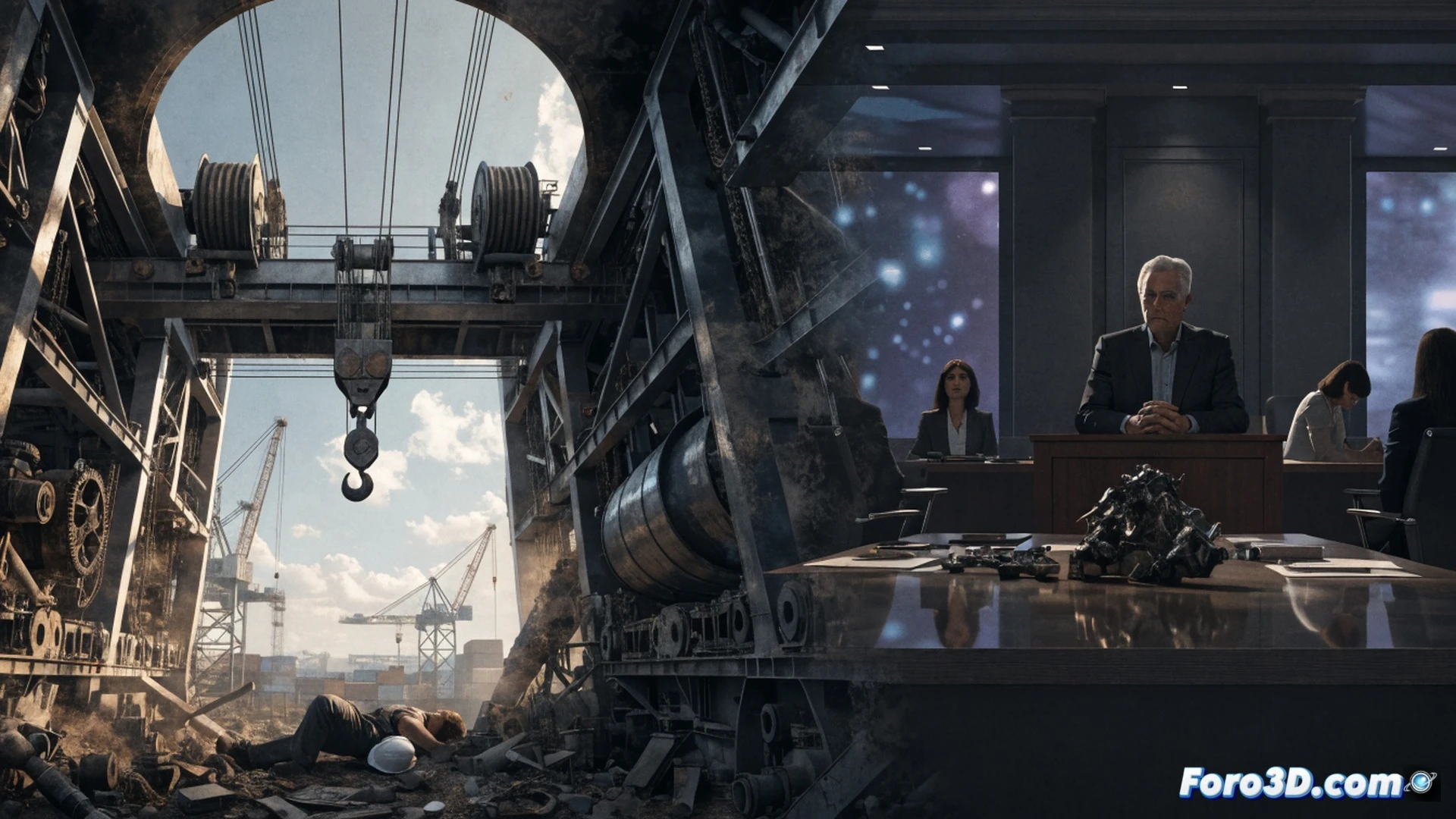 industrial crane maintenance accident scene, worker in safety vest crushed between crane counterweight and metal railing during repair operation, hydraulic tools scattered on platform, warning signs partially visible, broken safety cable hanging loose, overhead crane hook with frayed wire rope, dusk lighting with emergency lights reflecting on wet steel surface, photorealistic technical illustration, dramatic shadows, high-contrast industrial lighting, detailed mechanical components, rusted bolts and grease stains, realistic OSHA hazard symbols on yellow tape, cinematic wide angle shot emphasizing dangerous proximity of moving parts, ultra-detailed crane structure with exposed gears and pulleys