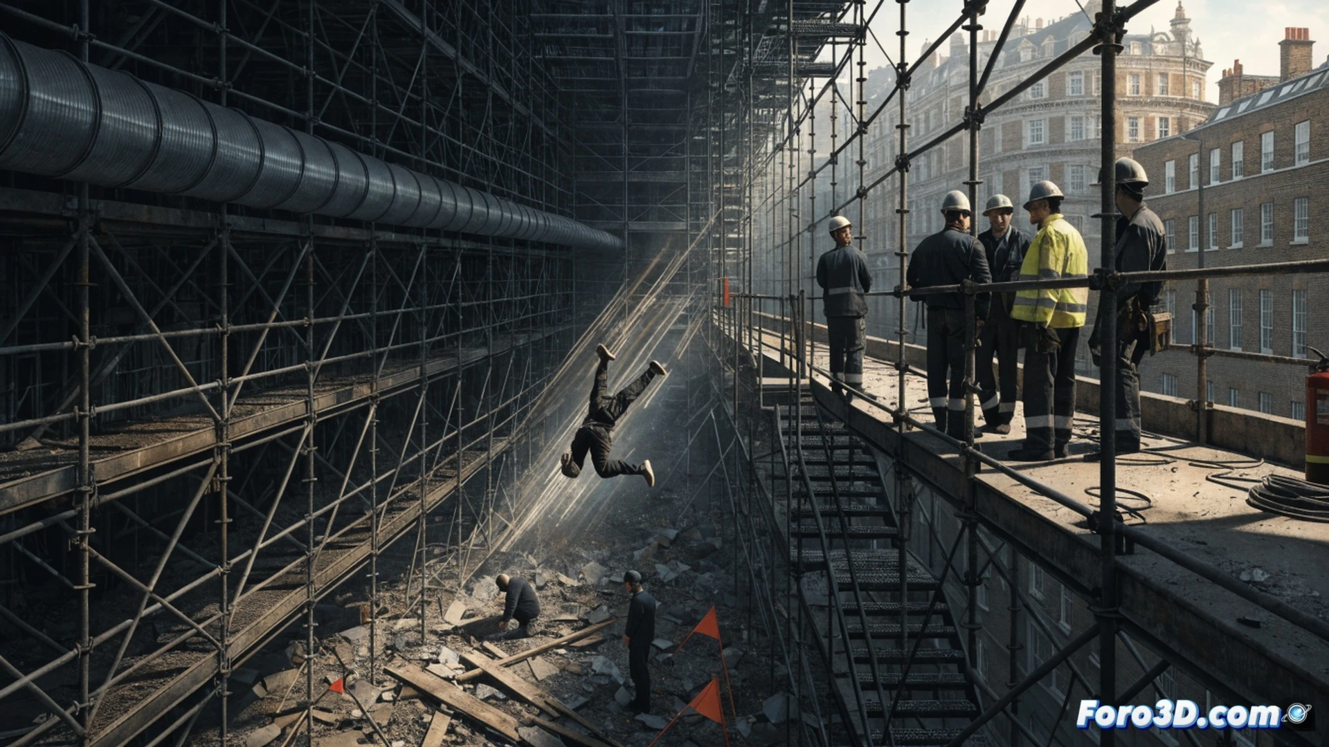 construction worker falling through unprotected window opening on scaffolding, safety barrier absent, worker mid-air with outstretched arms against brick facade, impact hazard visible, hard hat flying off, loose tools falling, steel scaffolding structure around the gap, dramatic motion blur, realistic urban London setting, overcast sky, photorealistic forensic reconstruction, cinematic lighting emphasizing danger, technical accident scene visualization, high detail on scaffolding clamps and planks