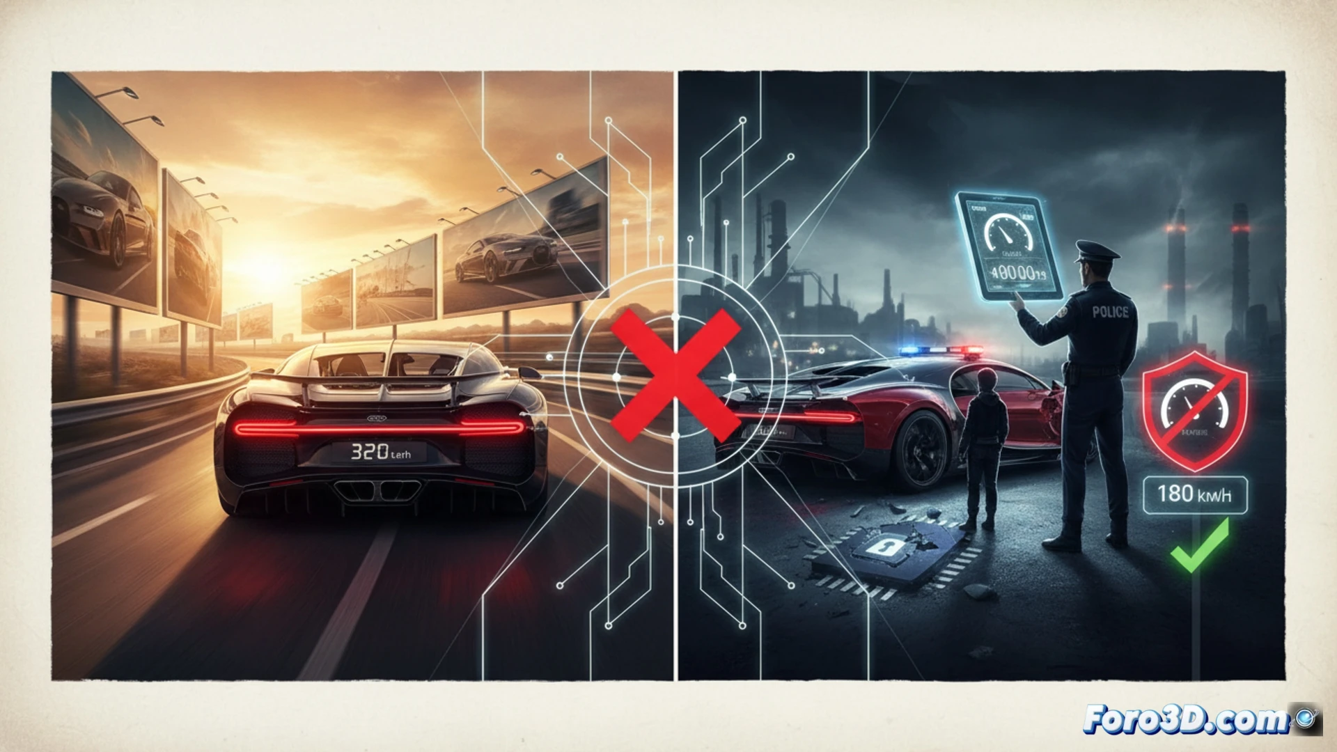 French highway scene at night, sports car dashboard showing digital speedometer hitting 320 km/h, hand gripping steering wheel with tension, blurred guardrails and headlights racing past, rearview mirror reflecting distant police lights, steering wheel with exposed electronic limiter control unit being disconnected, cinematic photorealistic engineering visualization, dashboard display glowing red warning symbols, motion blur effect on roadside trees, dramatic contrast between dark cabin and bright headlights, ultra-detailed carbon fiber interior, mechanical components visible through partially open fuse box, high-contrast industrial lighting, technical illustration style