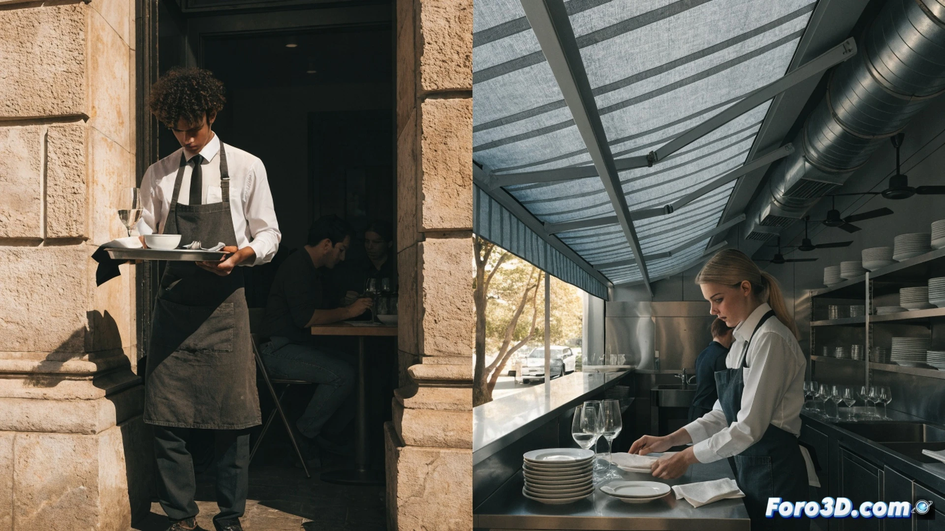 terrace cafe during extreme heatwave, metal chairs and tables casting sharp shadows on hot pavement, waiter in apron wiping sweat from forehead while carrying a tray of drinks, no shade or awning above, digital tablet on a table showing a red alert weather warning, city council inspector in uniform holding a clipboard with a penalty notice, closed terrace with metal barriers and a padlocked gate in background, cinematic photorealistic style, harsh midday sunlight, high contrast, dust particles in the air, technical detail on the tablet screen and clipboard document, dramatic urban lighting