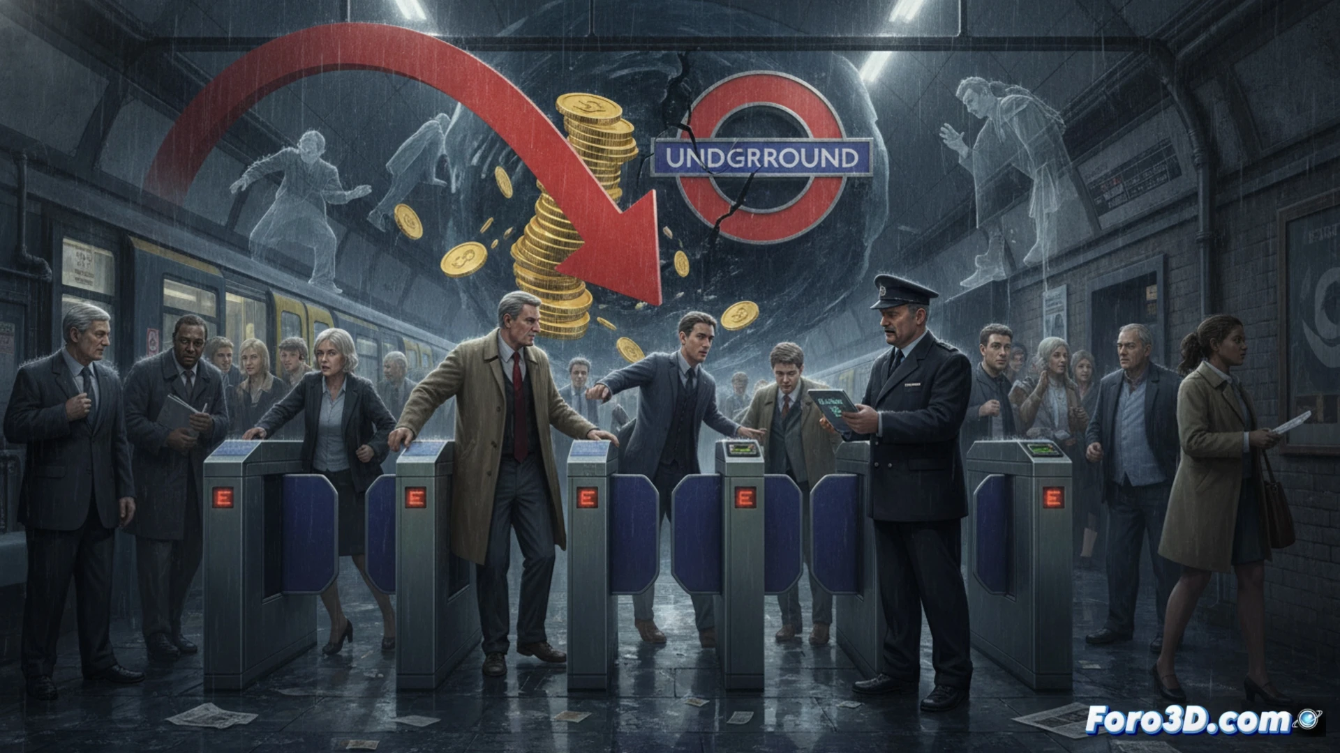 London Underground ticket barrier evasion scene, commuter jumping over yellow gate while contactless reader flashes red, TfL inspector in high-vis jacket activating handheld penalty device, digital fare evasion statistics screen on wall showing 9% increase and 190M loss, multiple passengers watching, modern station interior with metallic turnstiles and orange roundel signs, cinematic lighting with harsh fluorescent overheads, photorealistic technical illustration, sharp focus on inspector’s tablet displaying violation report, dramatic shadows, detailed security camera angles, urban transport enforcement action