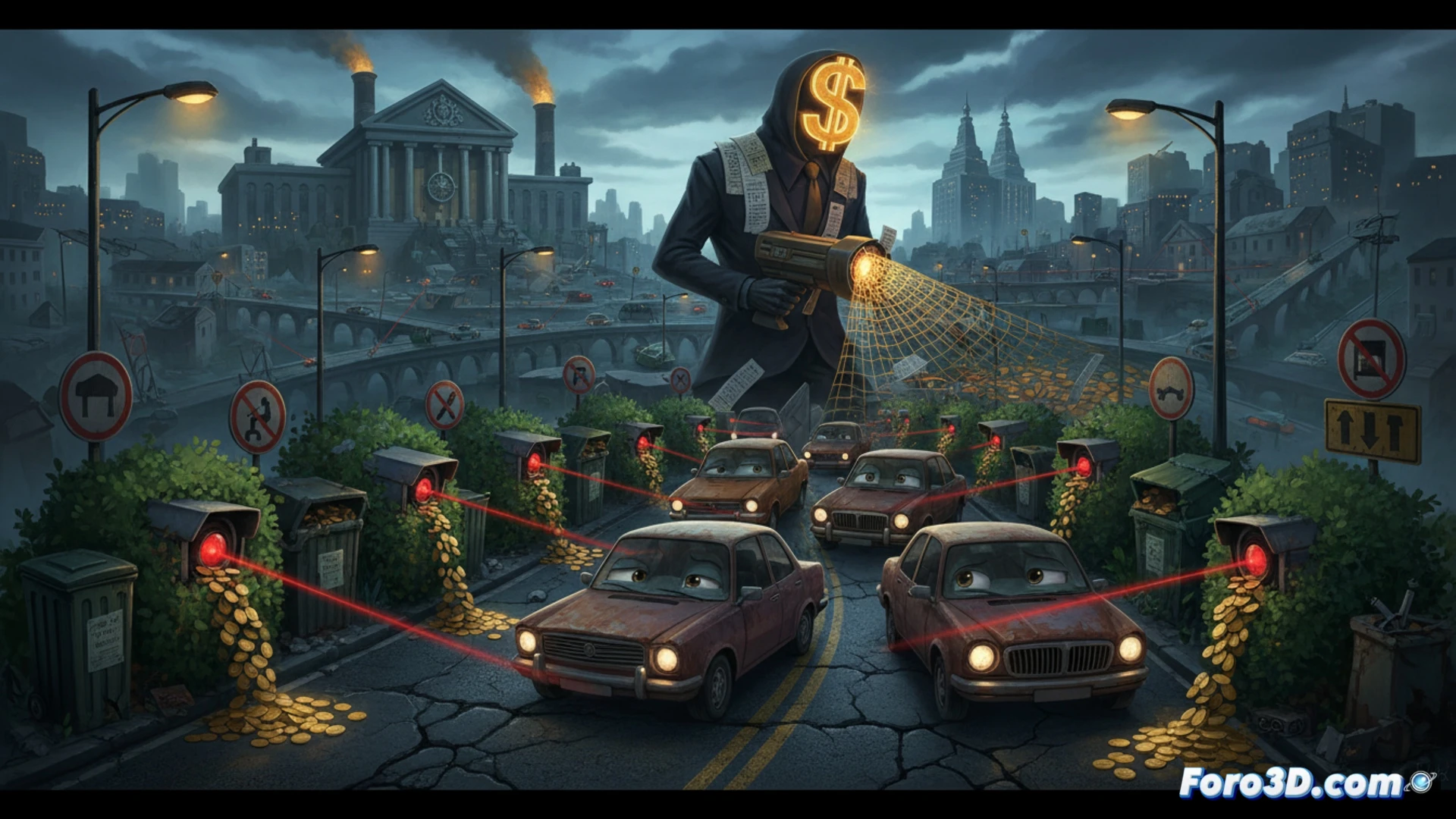 urban street scene at twilight, a hidden speed camera mounted on a lamppost with a glowing red flash capturing a passing car, driver’s face illuminated by dashboard light showing frustration, while in the background a dangerous intersection with broken traffic light and faded road markings remains unattended, a police officer nearby holding a ticket pad next to a cash register overflowing with coins, contrasting concrete elements: sleek modern camera hardware versus cracked asphalt and neglected signage, cinematic photorealistic style, dramatic shadows from car headlights, high-contrast lighting emphasizing the profit-over-safety dynamic, technical detail on camera lens and radar sensor