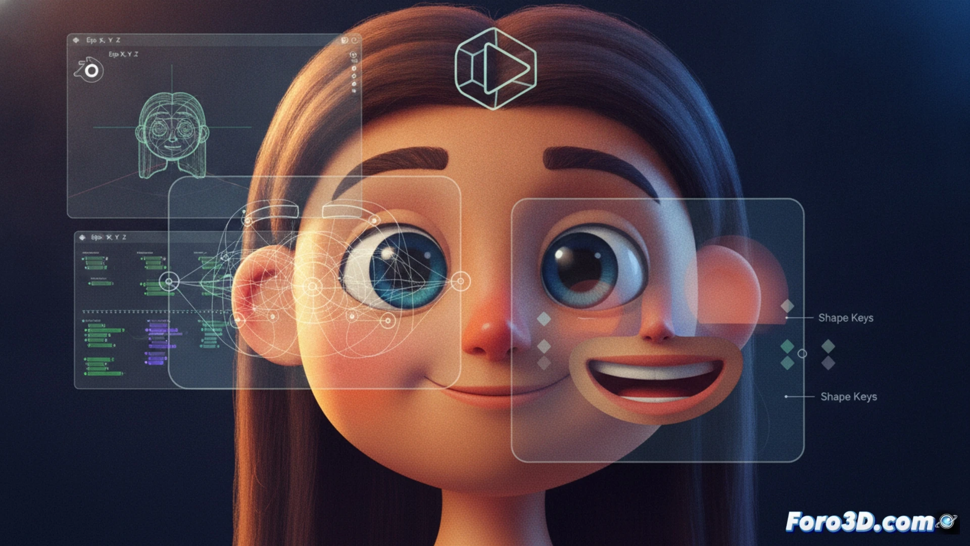 Blender 3D viewport interface showing a stylized 2D cartoon face being rigged with visible armature bones and shape keys, wireframe lattice deforming the cheek during a smile action, procedural texture nodes panel open on the side, technical illustration style, clean low-poly head model with glowing blue joint controls, orange and grey color scheme, dramatic studio lighting highlighting the mesh topology, photorealistic engineering visualization while demonstrating the rigging process, cursor hovering over an eye controller bone.