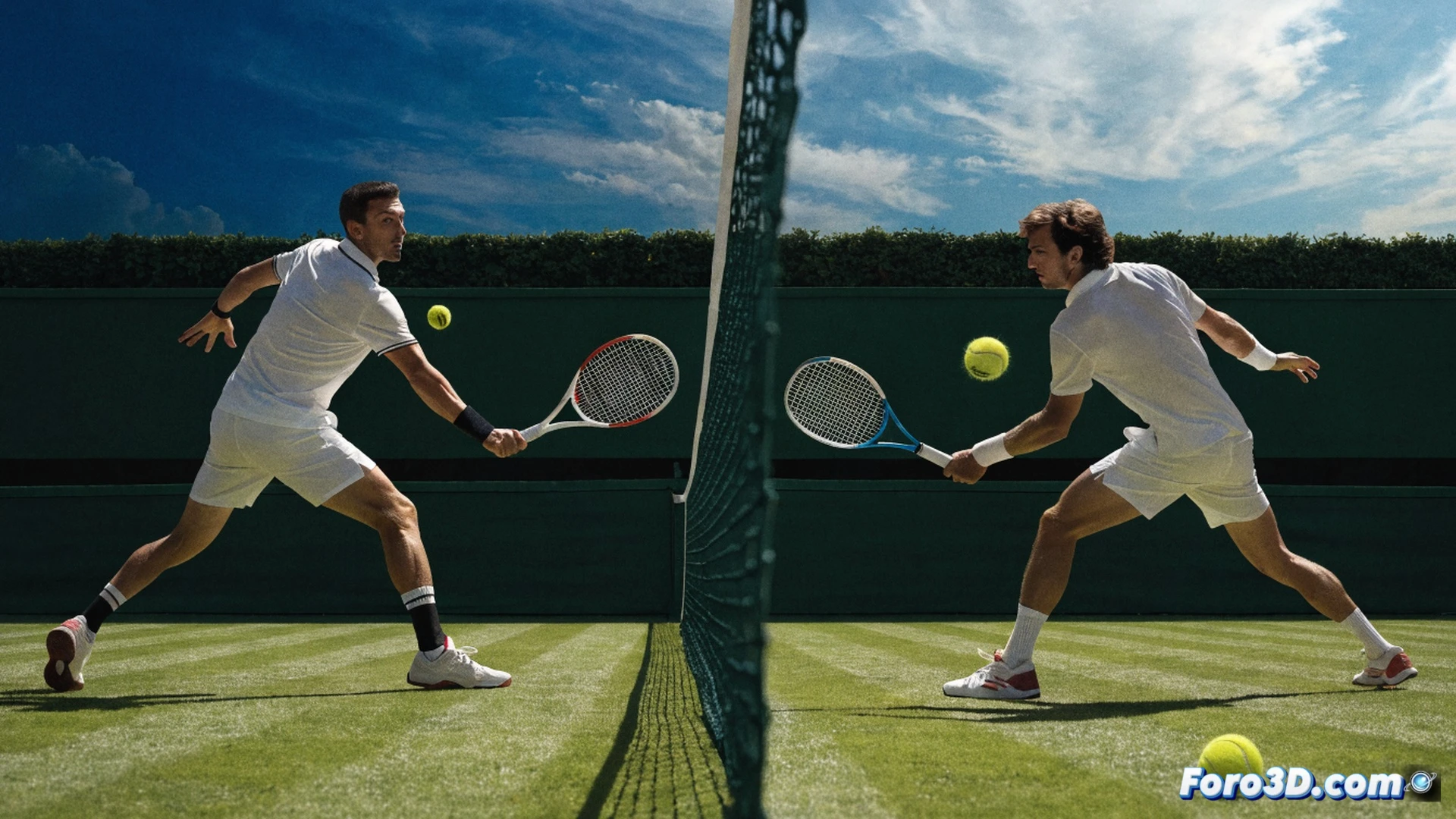 Fotografía técnica de tenis sobre hierba, cancha verde con líneas blancas nítidas, raqueta en impacto directo con pelota amarilla deformándose, zapatillas clavadas en el césped levantando pequeñas partículas verdes, red tensa al fondo con textura de malla, iluminación cenital de estadio creando sombras definidas, sudor visible en la frente del jugador, brazos en extensión completa, movimiento congelado en el momento exacto del golpe, estilo cinematográfico ultra realista, profundidad de campo reducida, grano de película fino, alta definición de detalles en la empuñadura y cuerdas, cielo nublado parcial, atmósfera de competición intensa
