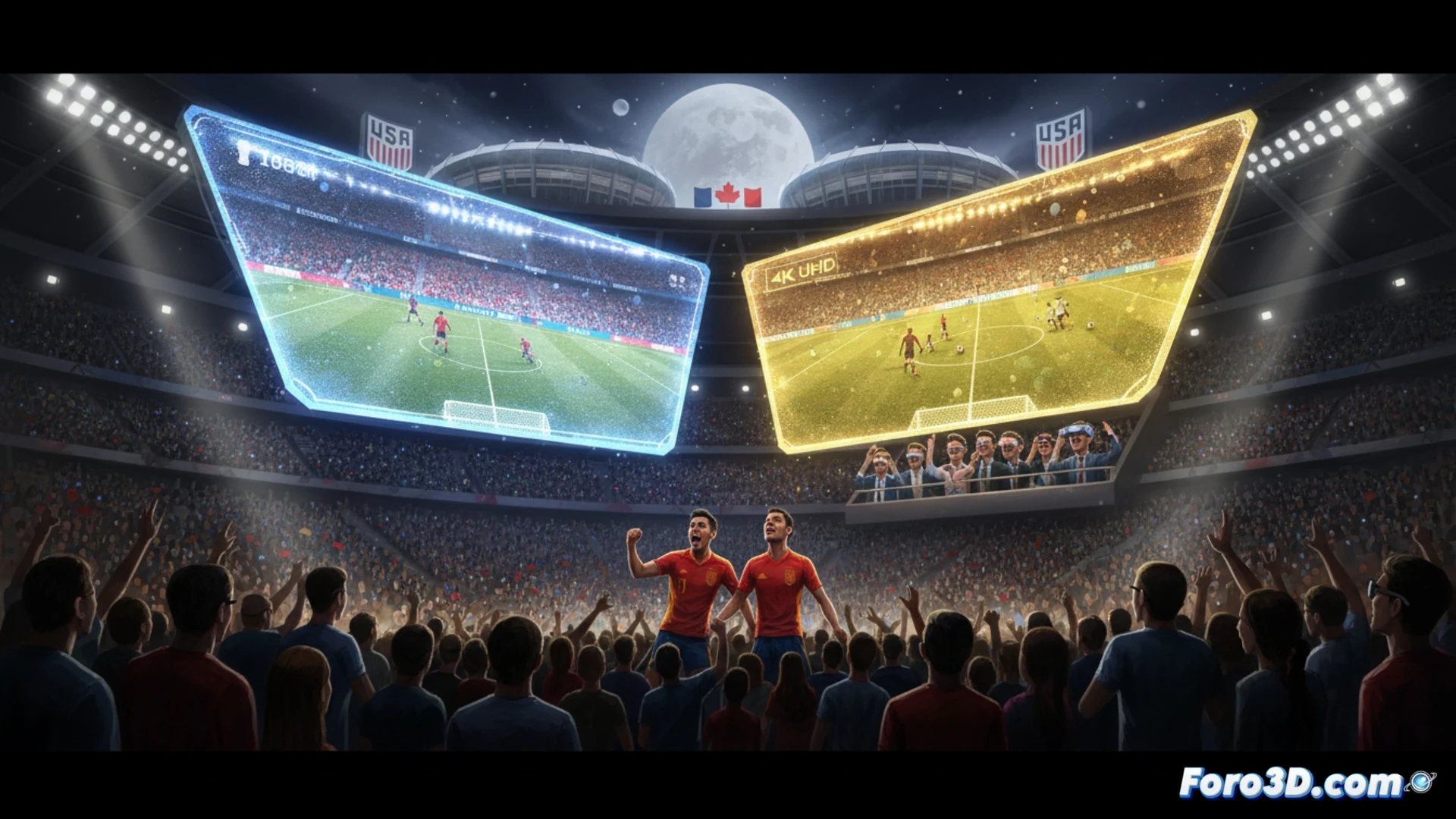Modern living room with large curved 4K television showing split-screen football match, left side displaying crisp ultra-high-definition player faces and grass details, right side showing pixelated 1080i broadcast with visible scan lines and softer image, black DAZN streaming interface glowing on tablet on coffee table, remote control with UHD button highlighted, TV upscaling chip visualised as translucent glowing processor near screen edge, cinematic technical illustration, warm ambient lighting contrasting sharp and blurry halves, photorealistic engineering visualization, action of upscaling process demonstrated through digital particle effects moving from blurry to sharp zone